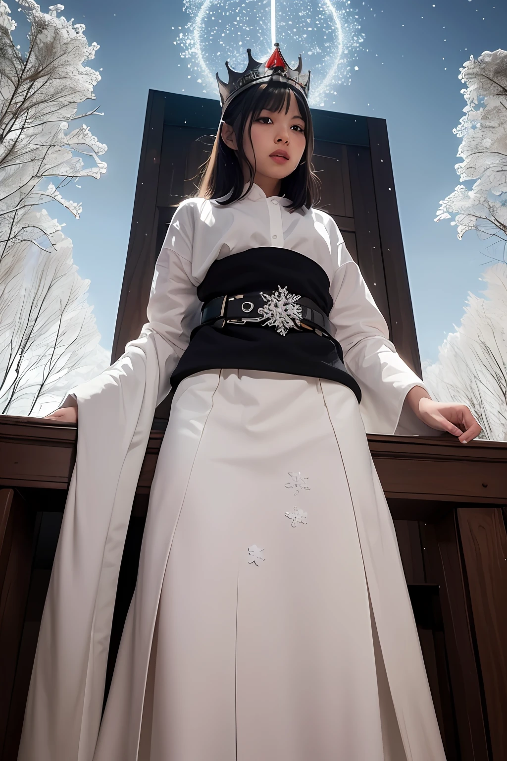 The top is snow-white,But down it will gradually turn to sky blue,The jade belt tied around the waist is inky black,High hair crown bundle,His hair was white,There is a faint glowing snowflake mark on the forehead