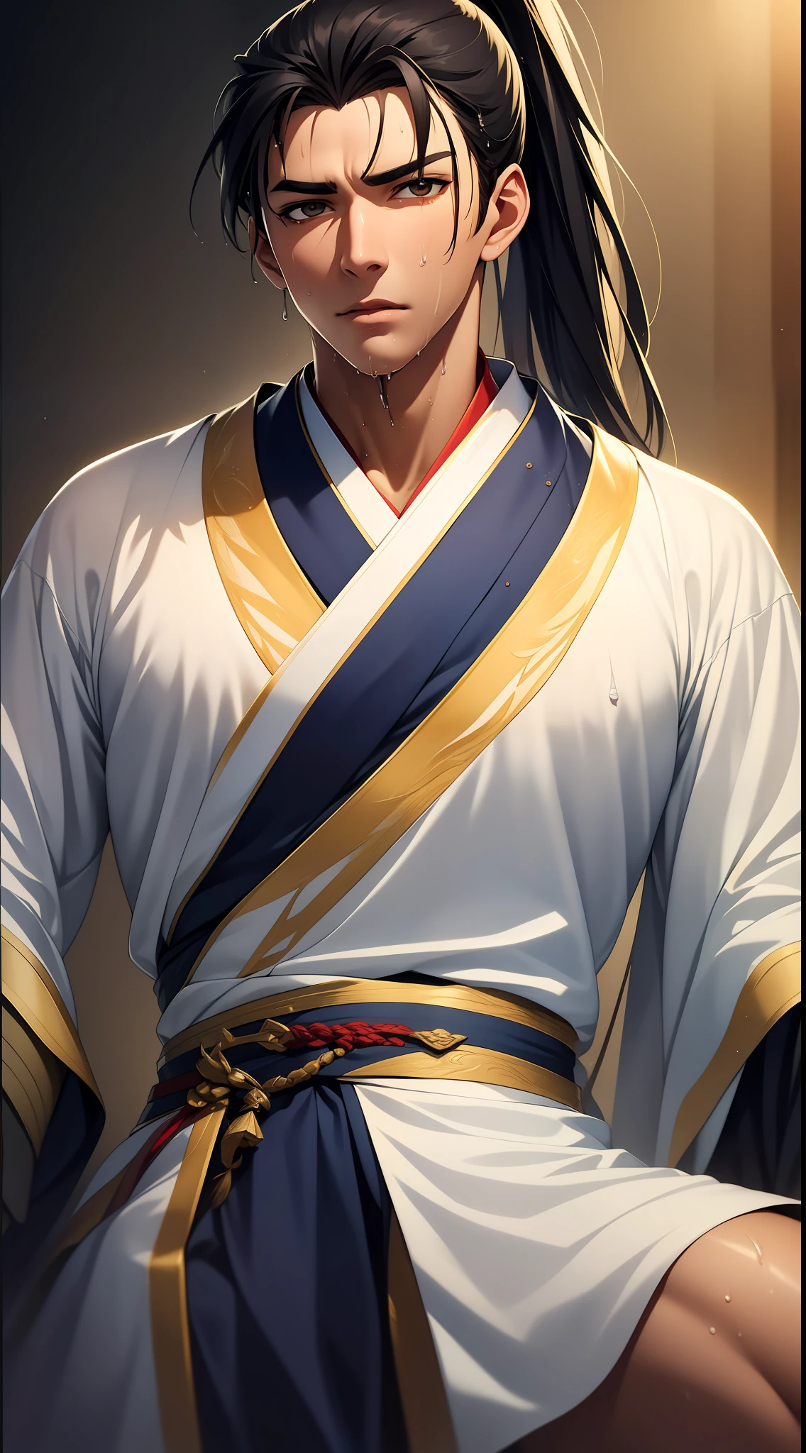 quadratic element，style of anime，mtu（Male Warrior），musculature，The proportions are correct，Face details，swordsmen，High ponytail hairstyle，perspired，Sweat on the face，drools，Neck details，There is an Adam's apple，Get wet，Drenched，White Hanfu，kaftan，Embroidered robes，White robe，clothes details，Handing over，longer sleeves，Game quality，Swordsmanship，Light and shadow tracking，Ray traching，detailed glow，cg render，hair detail，cabelos preto e longos，Golden eyes，Sweat on the face，Handsome，Handsome，Beads of sweat slipped down my neck，（juvenile sense），Clothing is complicated，Drenched，Get wet，Perfectcomposition，Refinement，high qulity，higher details，Lots of details，The background is complex，a sense of atmosphere，