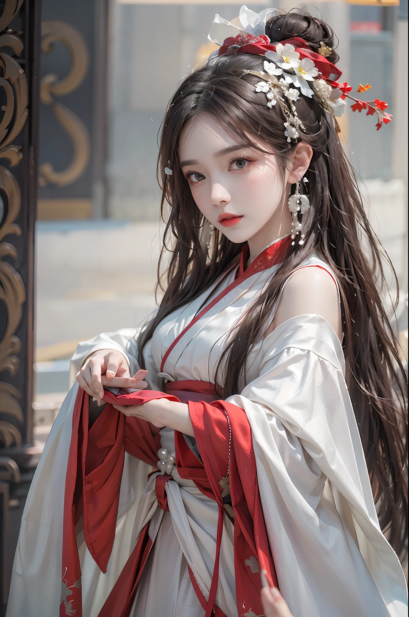 photorealistic, high resolution, 1 women, solo, hips up, beautiful eyes, long hair, red wedding hanfu, Chinese Huadian, gorgeous accessories, wearing pearl earrings