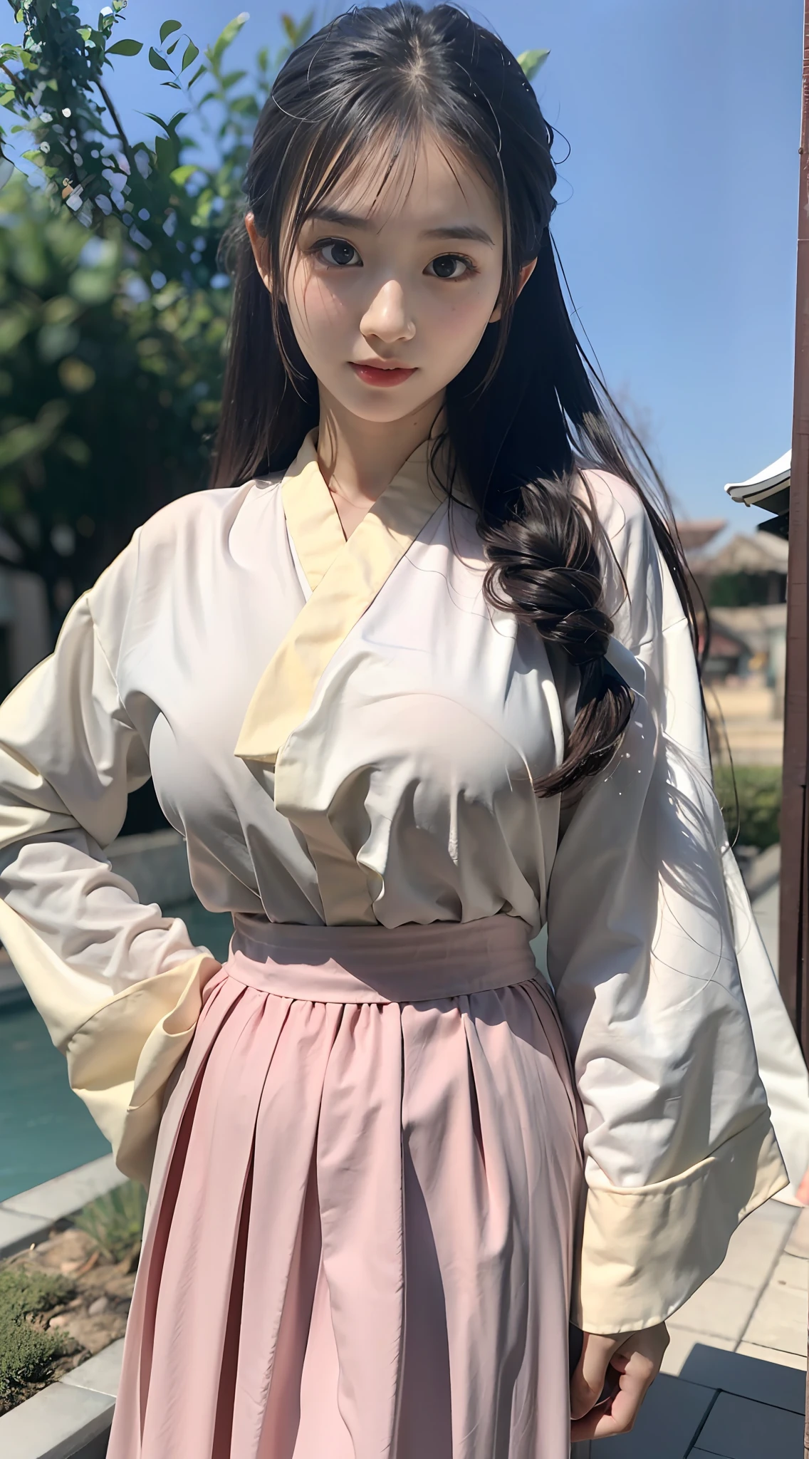 Master quality, highest quality, best picture quality, exaggerated details, a cute 8 year old asian little girl with a shy expression, slightly squinted eyes, adjusting her hair, long eyelashes (long hair / very, very exaggerated big breasts / in hanfu chinese luxury) sexy, posing in front of the camera, wet cloth under wear
