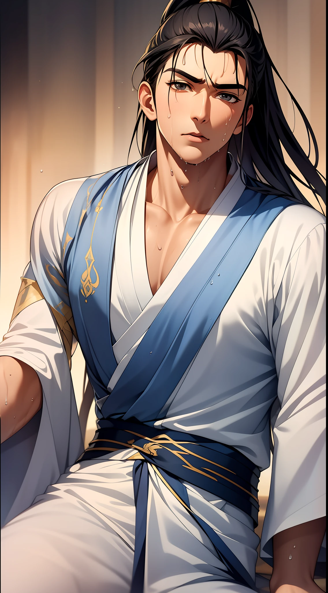 quadratic element，style of anime，mtu（Male Warrior），musculature，The proportions are correct，Face details，swordsmen，High ponytail hairstyle，perspired，Sweat on the face，drools，Neck details，There is an Adam's apple，Get wet，Drenched，White Hanfu，kaftan，Embroidered robes，White robe，clothes details，Handing over，longer sleeves，Game quality，Swordsmanship，Light and shadow tracking，Ray traching，detailed glow，cg render，hair detail，cabelos preto e longos，Golden eyes，Sweat on the face，Handsome，Handsome，Beads of sweat slipped down my neck，（juvenile sense），Clothing is complicated，Drenched，Get wet，Perfectcomposition，Refinement，high qulity，higher details，Lots of details，The background is complex，a sense of atmosphere，