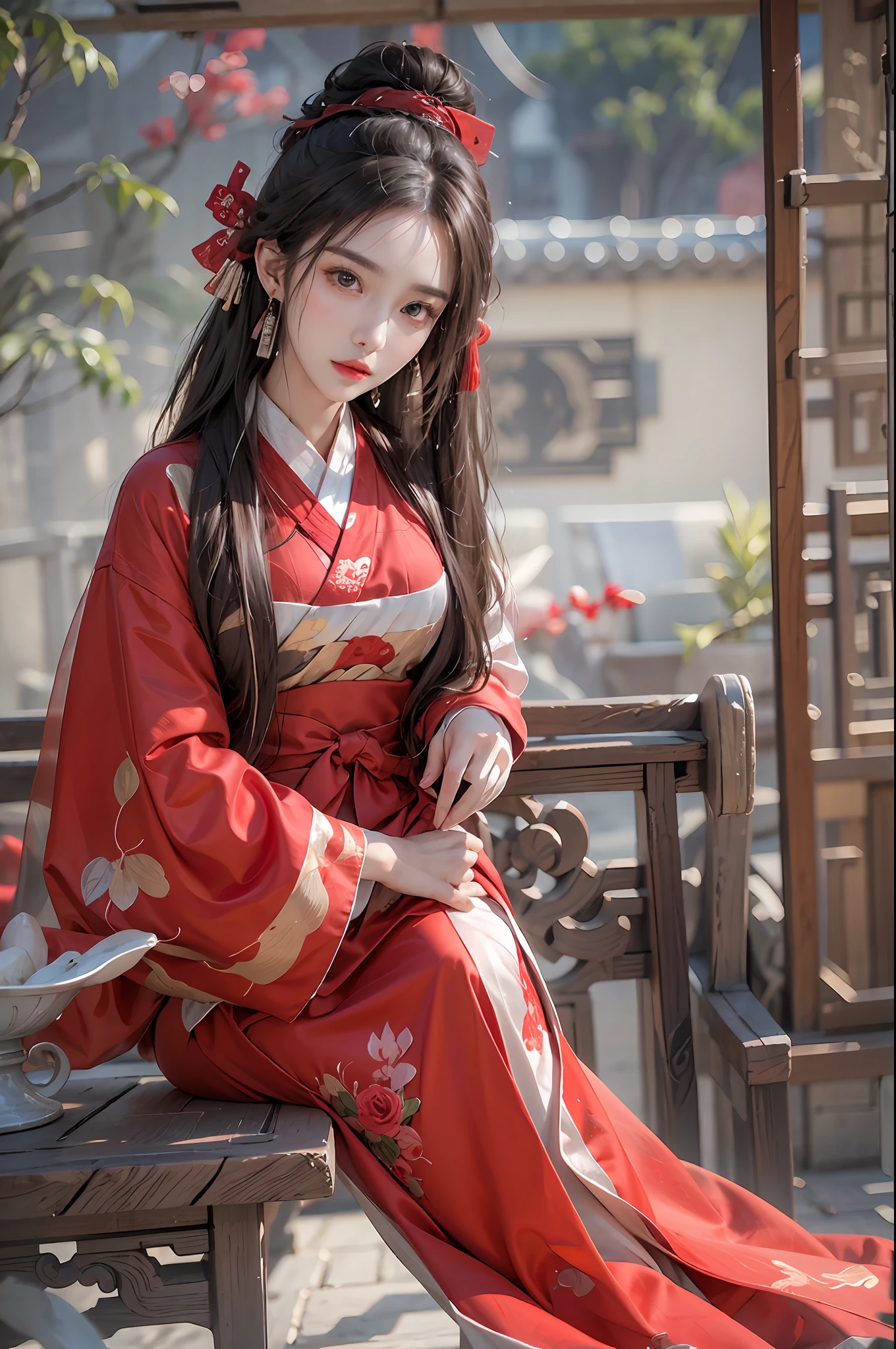 photorealistic, high resolution, 1 women, solo, hips up, beautiful eyes, long hair, red wedding hanfu, Chinese Huadian, gorgeous accessories, wearing pearl earrings
