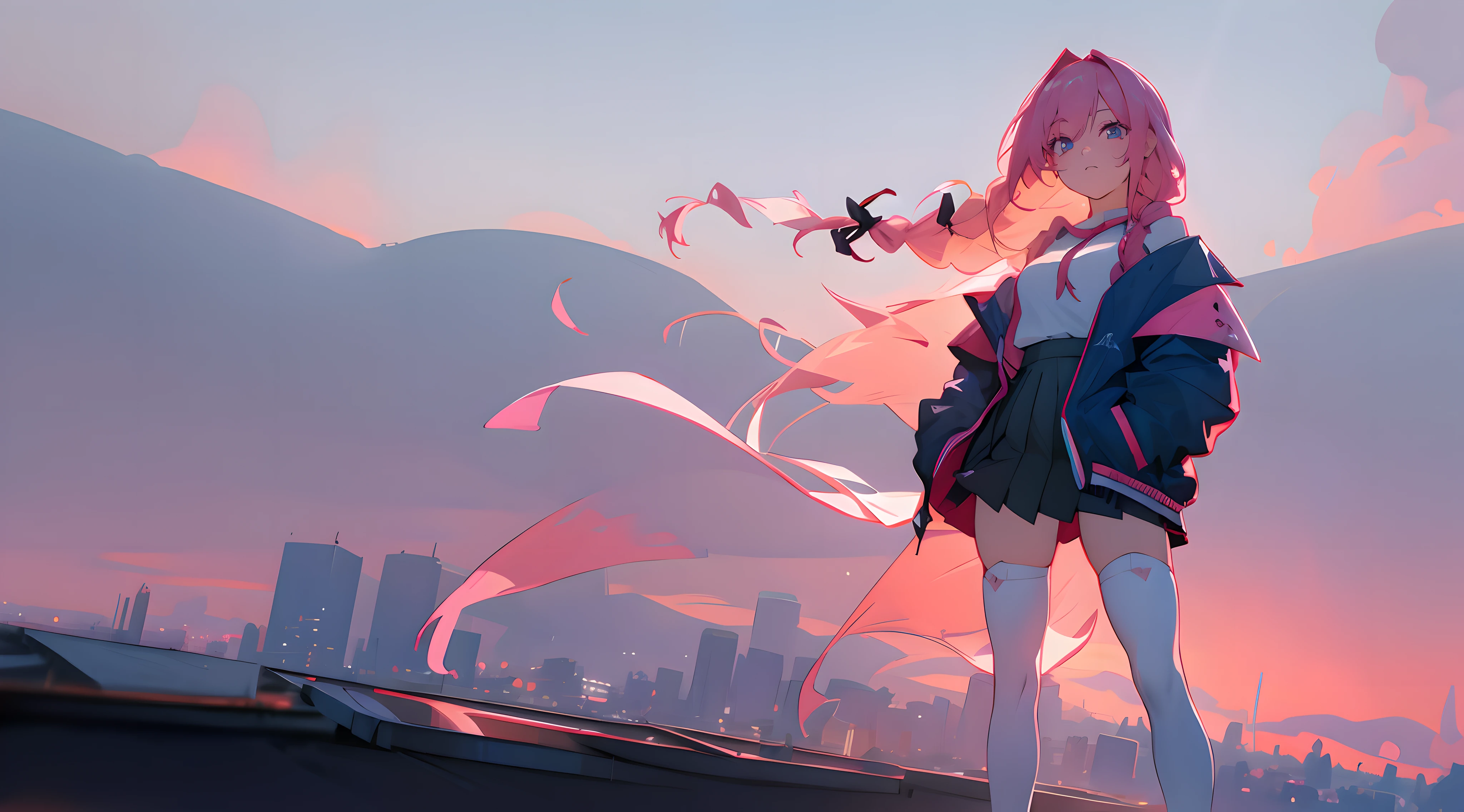 wide_shot), (1girl:1.5), solo, very_long_pink_hair, red_eyes, (braids), hair_ribbon, large_breasts, over_shirt,(windbreaker), (off_shoulder), laser, (black_pleated_skirt), (white_thighhighs:1.5), (randomly_distributed_clouds), (beautiful_detailed_blue_sky), (sunset), horizon, mountain, cityscape, (on_rooftop:1.2), ((masterpiece)), (highres), glowing_hair, (best_quality), (highly_detailed), (original),(Delicate background),(extremely detailed 8K wallpaper),cinematic lighting, volume lighting, light particles, shaded_face, beautiful_detailed_eyes, depth_of_field, perspective,(hands in pockets,:1.5), wind_blowing, floating hair, dramatic_angle,