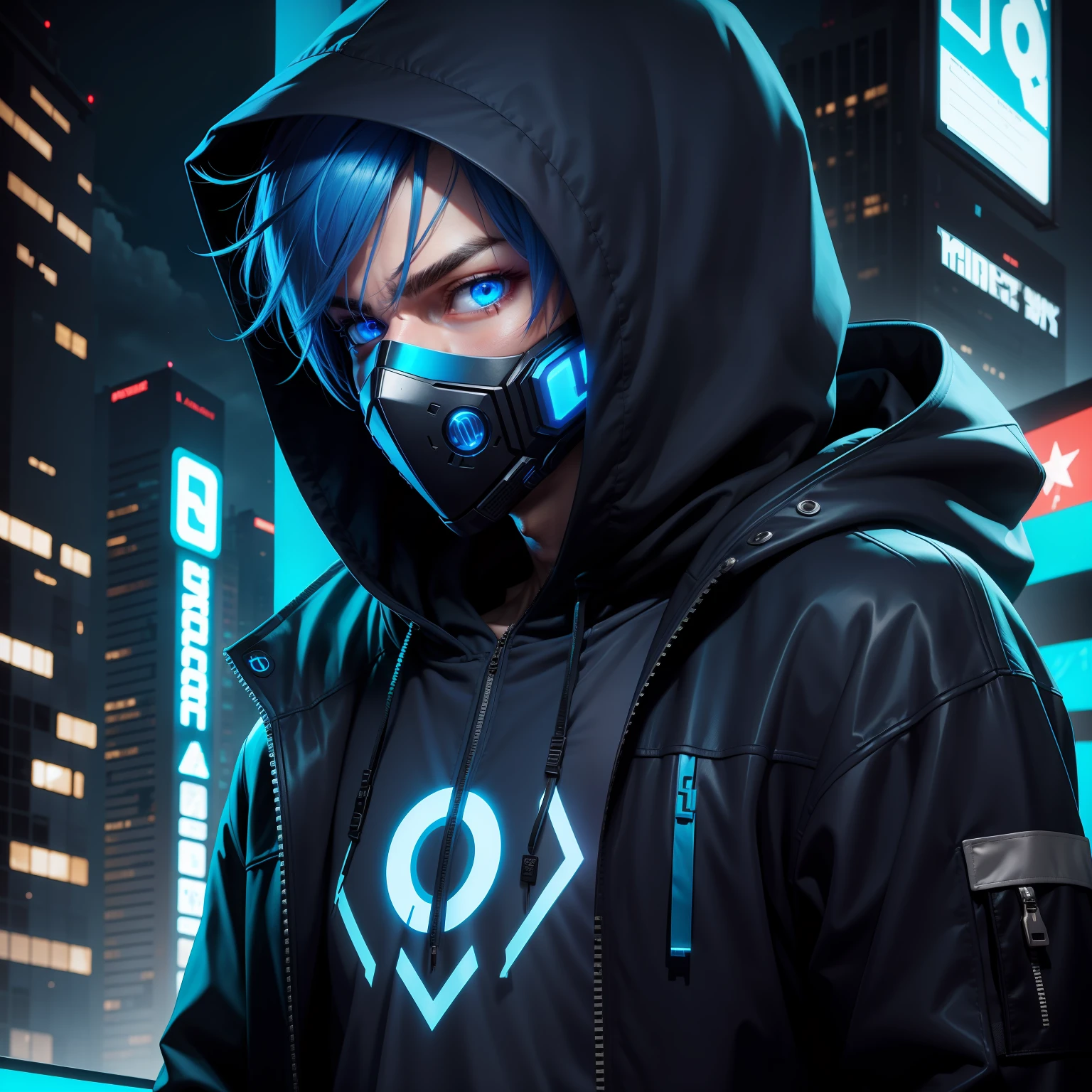 Male character, smart, with sweatshirt, hood mask, cyberpunk, blue neon, blue neon eyes