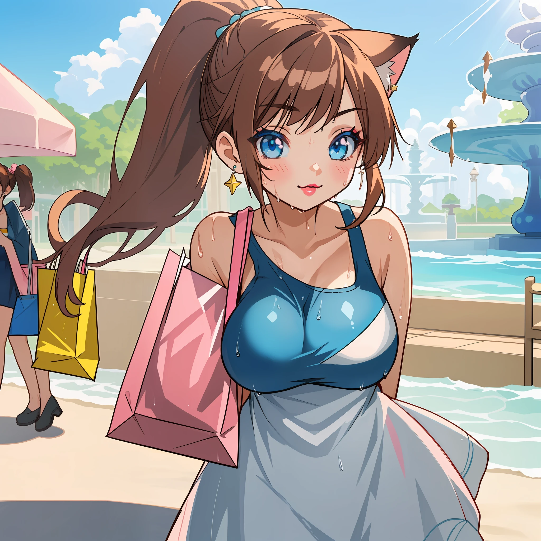 (Highly detailed CG Unity 8k wallpaper), (Best Quality), (Super Detail), (Best Illustration), (Best Shadow), POV, Realistic lighting and shading, Natural light, Lens flare effect, BREAK, 1 beautiful girl, Solo,(Cute:1.5),(Chibi:0.8), (kawaii:1.5),(Lori:0.5), BREAK, ( (17 years old girl), Very detailed, colourfull, highest details, BREAK, (Huge breasts: 1. 2,), Clear skin, Beautiful skin, Shy skin, 1 beautiful girl, Brown hair, (Cat ears, Ponytail, medium-Long hair: 1. 2), (Light blue eyes, long eyelashes, Double eyelids: 1. 2), Solo, gleaming skin, BREAK,(Wet Casual Beachwear:1.2), (lightweight summer one-piece dress:1.2), (White straw hat:1.0), (Fashionable pumps for dating:1.0), (star-shaped earring:1.1), (Black pantyhose:1.0), (Cute Accessories:1.3), BREAK, (Light pink eyeshadow,teak,Cute lipstick:1.3),(A bustling shopping mall, Shopping Dating,Meet in front of the fountain:1.2),