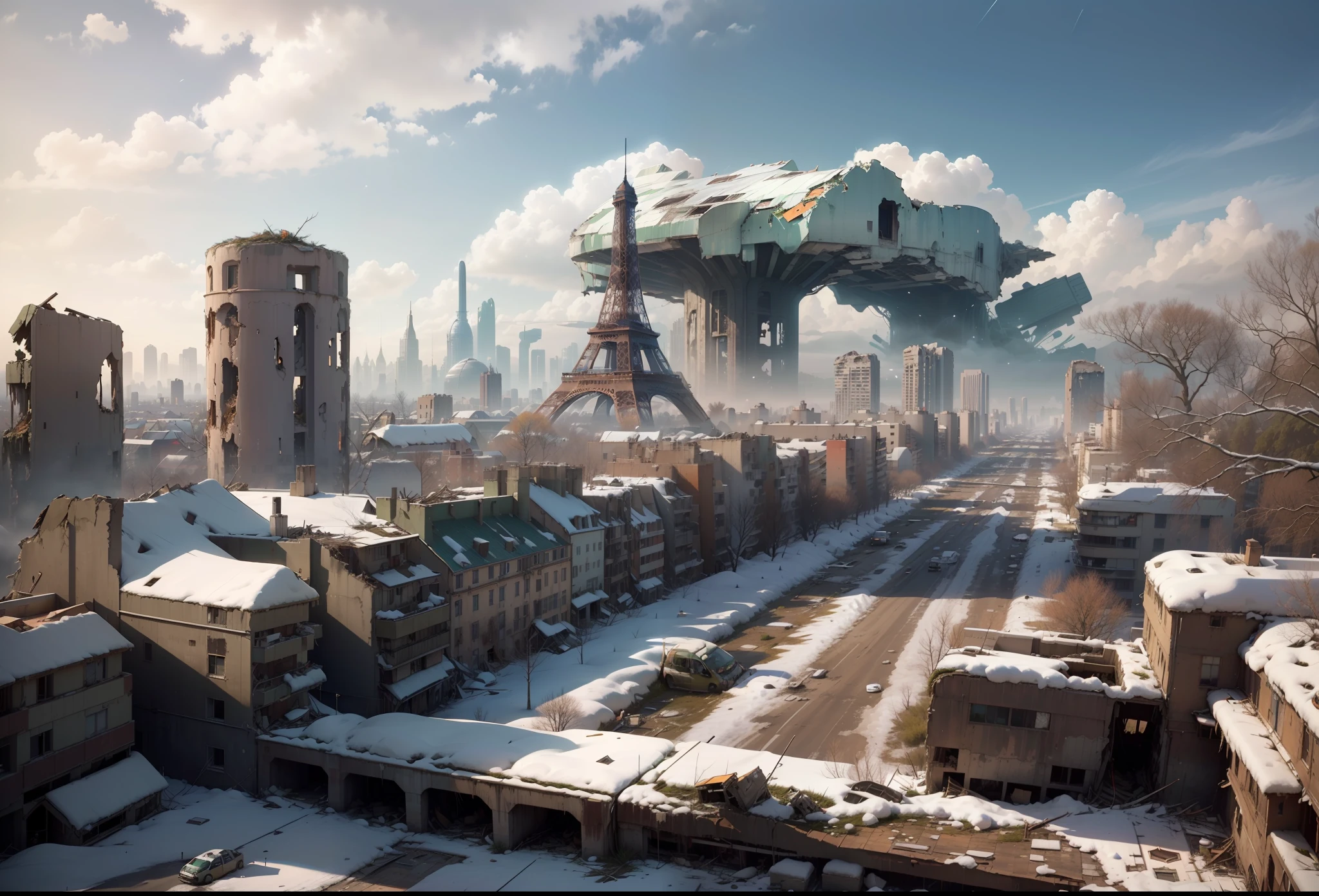 ((Qualidade Superior, 8k, master part: 1.3)), Cidade de Paris sob a neve, Apocalyptic vision, Paris in ruins, Morning lightning, wreckage, ruins, dia ensolarado, cinemactic, ultra detalhado, Casas antigas, (large winter trees: 1.4), ((clear blue sky)), ((devastado, Foi,wreckage: 1.4)), ((musgo nas paredes, fachada azul verde laranja: 1.5)), ((vegetation: 1.2)), ((blue skies: 1.3)), gelo, congelado