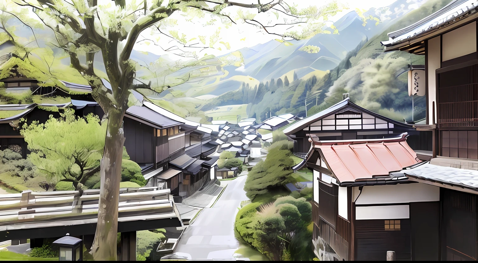 Many houses are on the side of the road, japanese village, japanese rural town, japanese town, ryokans and edo era houses, japan rural travel, japense village in background, rural japan, countryside in japan, beautiful iwakura, Edo period house in the background, ehime, inspired by Sesshū Tōyō, countryside in japan