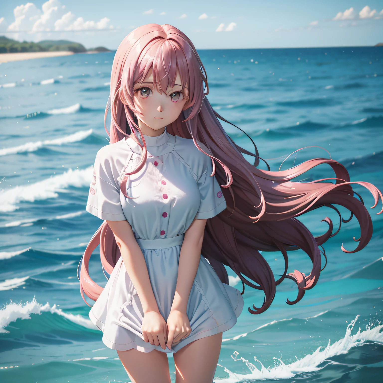 A woman stands by the sea，A pink-haired，2d，The second dimension looked at me，playing water，anime figure，white  clothes，swim wears，long whitr hair