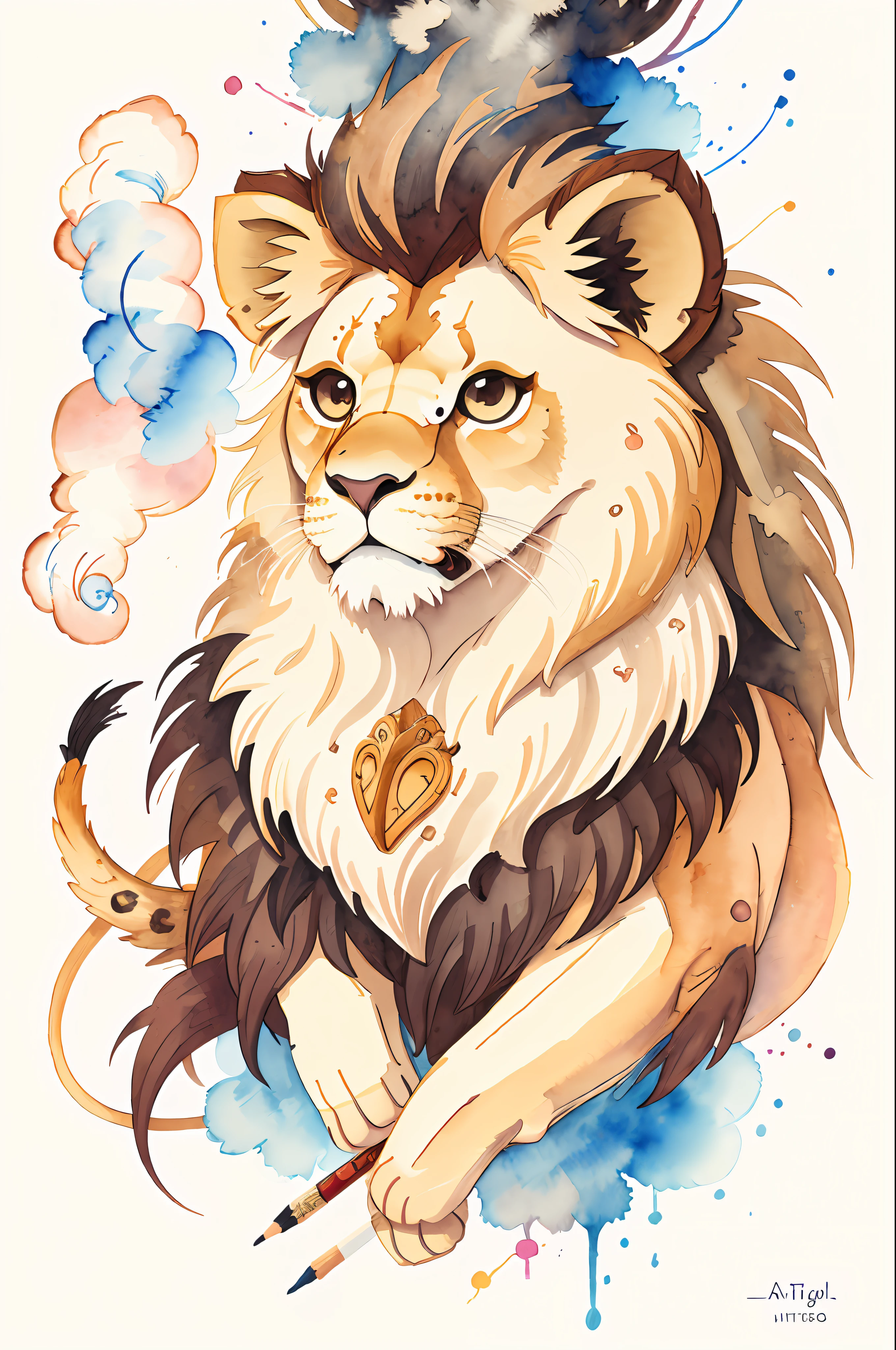 "Create a cute lion head clipart with smokes, showcasing intricate details and a blend of pencil drawing and watercolor painting. The artwork should have an abstract style, resembling a masterpiece of the highest quality. Check out similar works on artstation for inspiration."