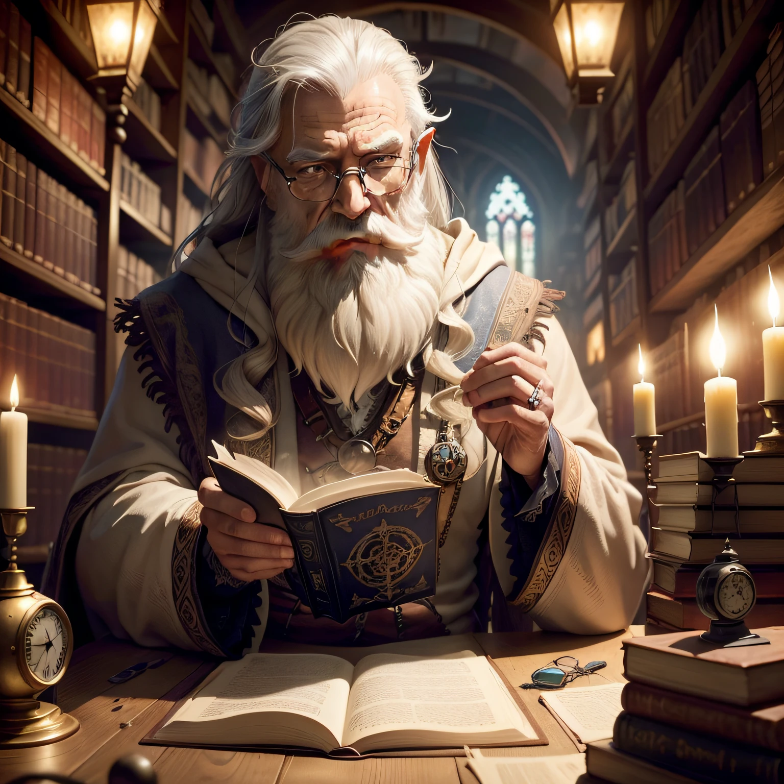 There is an old wizard reading an withered grimoire in an old dusty library, wizard is wearing an old and dirty robe, he has long grey hair and a long beard and glasses, there are books and papers scattered in the table, also occultist symbols and steampunk style items are detailing this environment, lighting is quite dim and the library is lit with lanterns that give the scene a soft warm light on these spots