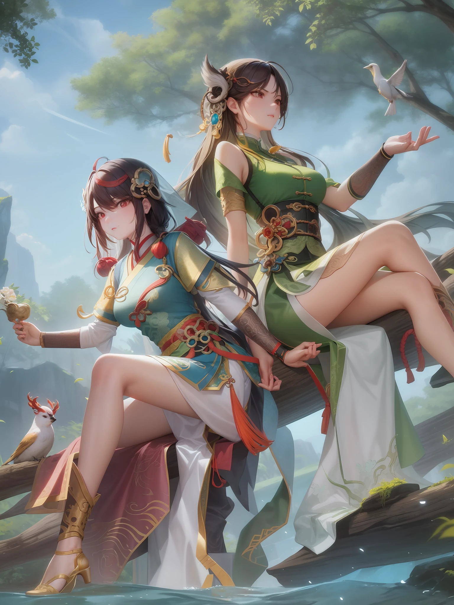 (Two women sitting on a branch in the forest，There are birds, author：Nguyen Jia and Artgerm，full-body xianxia, by Yang J, Artgerm and Ruan Jia, WLOP and Sakimichan, xianxia fantasy, author：Qu Leilei, author：Chen Lin, inspired by Park Hua, By Leng Mei, By Li Song)