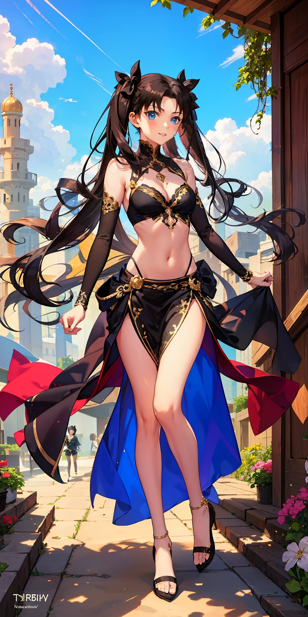 long hair, black hair, medium breast, slim legs, happy, bluish gown, cleavage, arabian belly dancer , short skirt, rin tohsaka, twin tail, navel, garden, blue eyes, tiara, standing, thigh high socks, sunlight, shoulderless