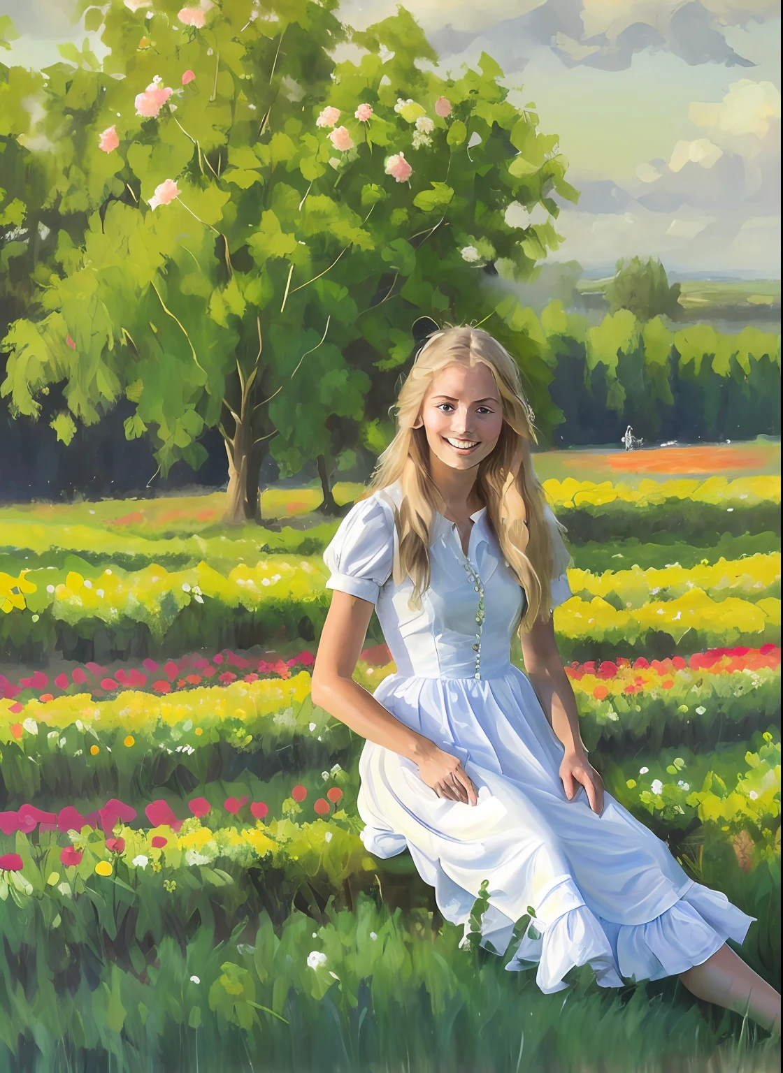 (a painting by mse) (brush strokes) (masterpiece, best quality), close up to face 1girl 18 years old with long blond hair sitting in a field of green plants and flowers, her hand under her chin, warm lighting, white dress, detaled facial features, delicate