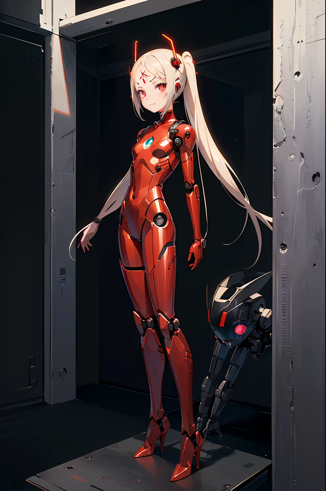 sci fi background, science fiction, forced smile, forehead marking, twintails , best quality, official art, masterpiece, (robot girl with red smooth metal body:1.2), (loli:1), ((loli:1), (flat chest:1), glowing eyes, robot eyes, robot ears, extreme high heels