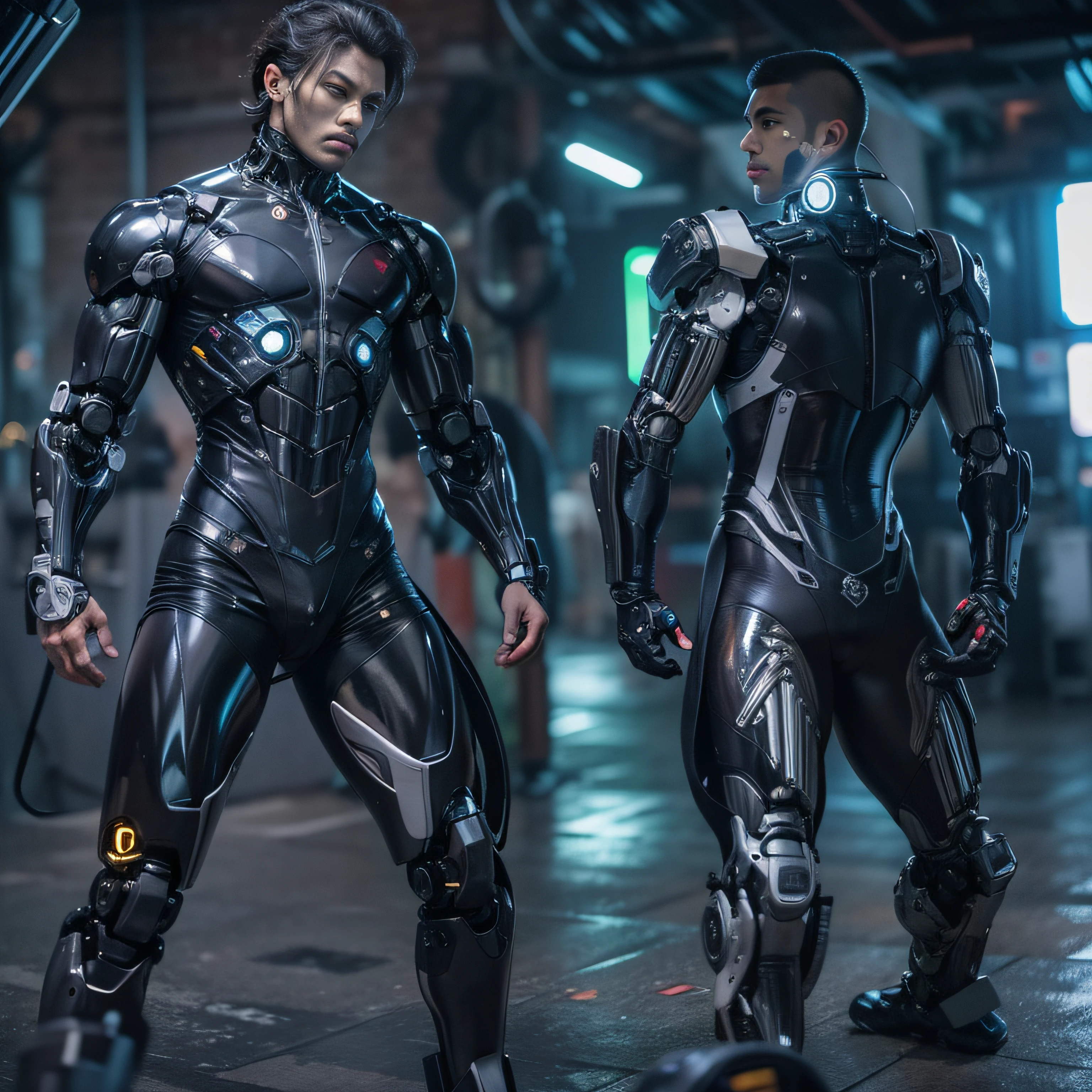Alafid man in black latex clothing,Translucent latex garments,Metallic body, bionic scifi alexandre ferra, cyborg neck, cyborg male, male cyborg, cyborg fashion model, portrait of a cyborg, detailed portrait of a cyborg, cybernetic neck implant, portrait of a futuristic robot, dystopian sci-fi character, sci - fi character, portrait of a cyberpunk cyborg,8K,Extreme detail,Hair in extreme detail,Ultra photo realsisim,cinmatic lighting,Asian supermodel face,Strong muscles and perfectly curved body,Extreme sexual tension,Hormonal explosion,whole body display,Muscular macho,Only a pair of thongs was worn,Extremely sexy and provocative