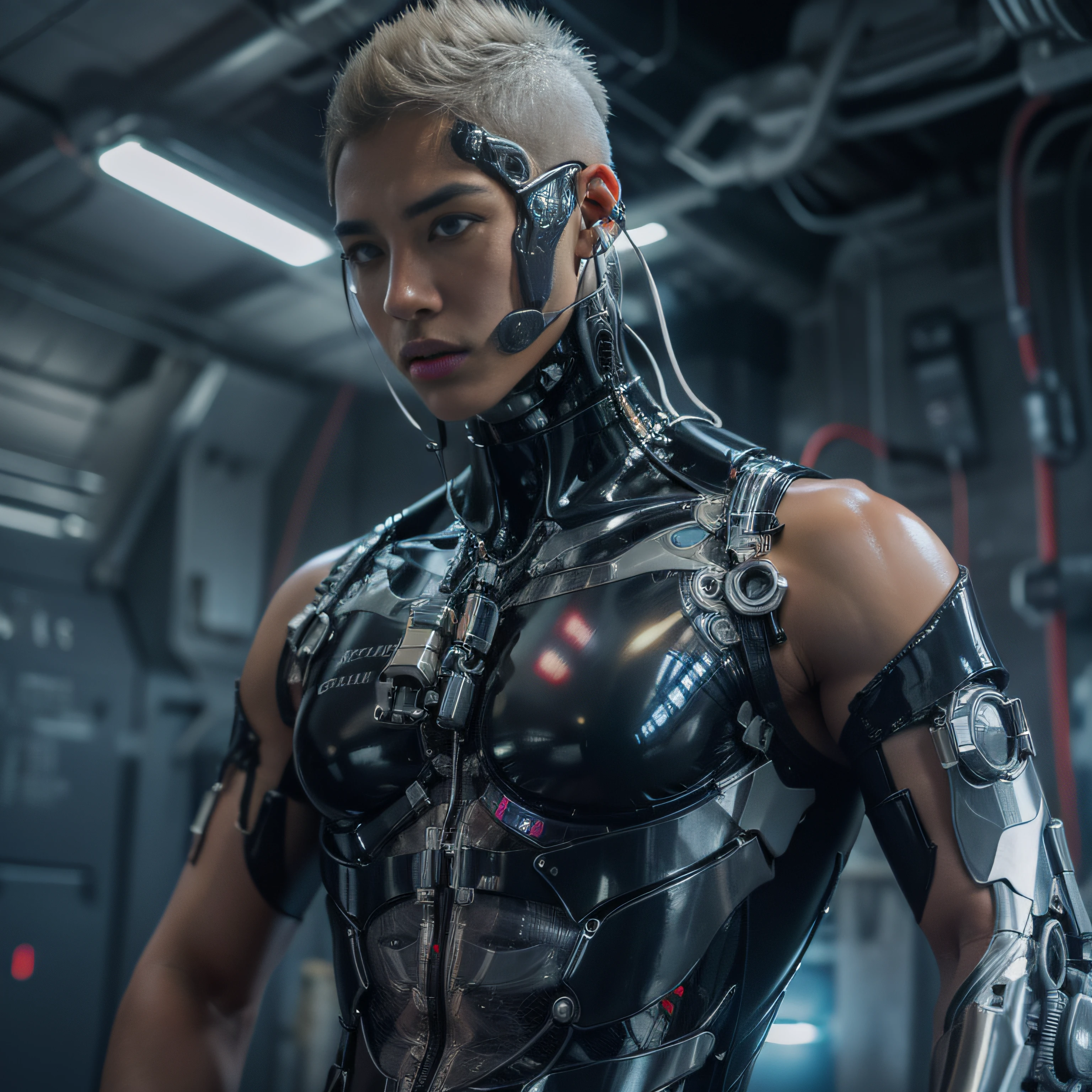 Alafid man in black latex clothing,Translucent latex garments,Metallic body, bionic scifi alexandre ferra, cyborg neck, cyborg male, male cyborg, cyborg fashion model, portrait of a cyborg, detailed portrait of a cyborg, cybernetic neck implant, portrait of a futuristic robot, dystopian sci-fi character, sci - fi character, portrait of a cyberpunk cyborg,8K,Extreme detail,Hair in extreme detail,Ultra photo realsisim,cinmatic lighting,Asian supermodel face,Strong muscles and perfectly curved body,Extreme sexual tension,Hormonal explosion,whole body display,Muscular macho,Only a pair of thongs was worn,Extremely sexy and provocative