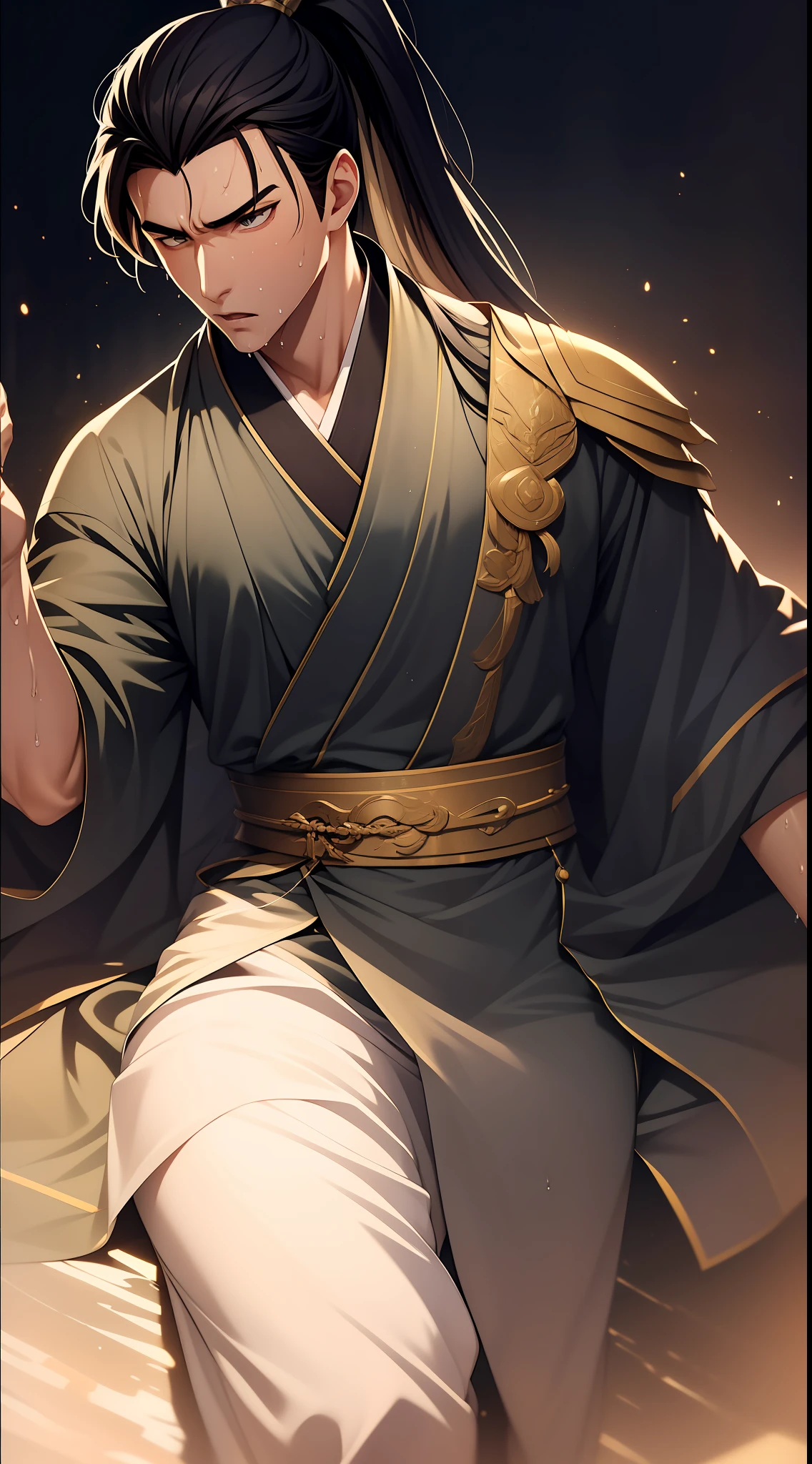 quadratic element，style of anime，mtu（Male Warrior），musculature，The proportions are correct，Face details，swordsmen，High ponytail hairstyle，perspired，Sweat on the face，drools，Neck details，There is an Adam's apple，Get wet，Drenched，Black Hanfu，kaftan，Embroidered robes，Black robe，clothes details，Handing over，longer sleeves，Game quality，Swordsmanship，Light and shadow tracking，Ray traching，detailed glow，cg render，hair detail，cabelos preto e longos，Golden eyes，Sweat on the face，Handsome，Handsome，Beads of sweat slipped down my neck，（juvenile sense），Clothing is complicated，Drenched，Get wet，Perfectcomposition，Refinement，high qulity，higher details，Lots of details，The background is complex，a sense of atmosphere，