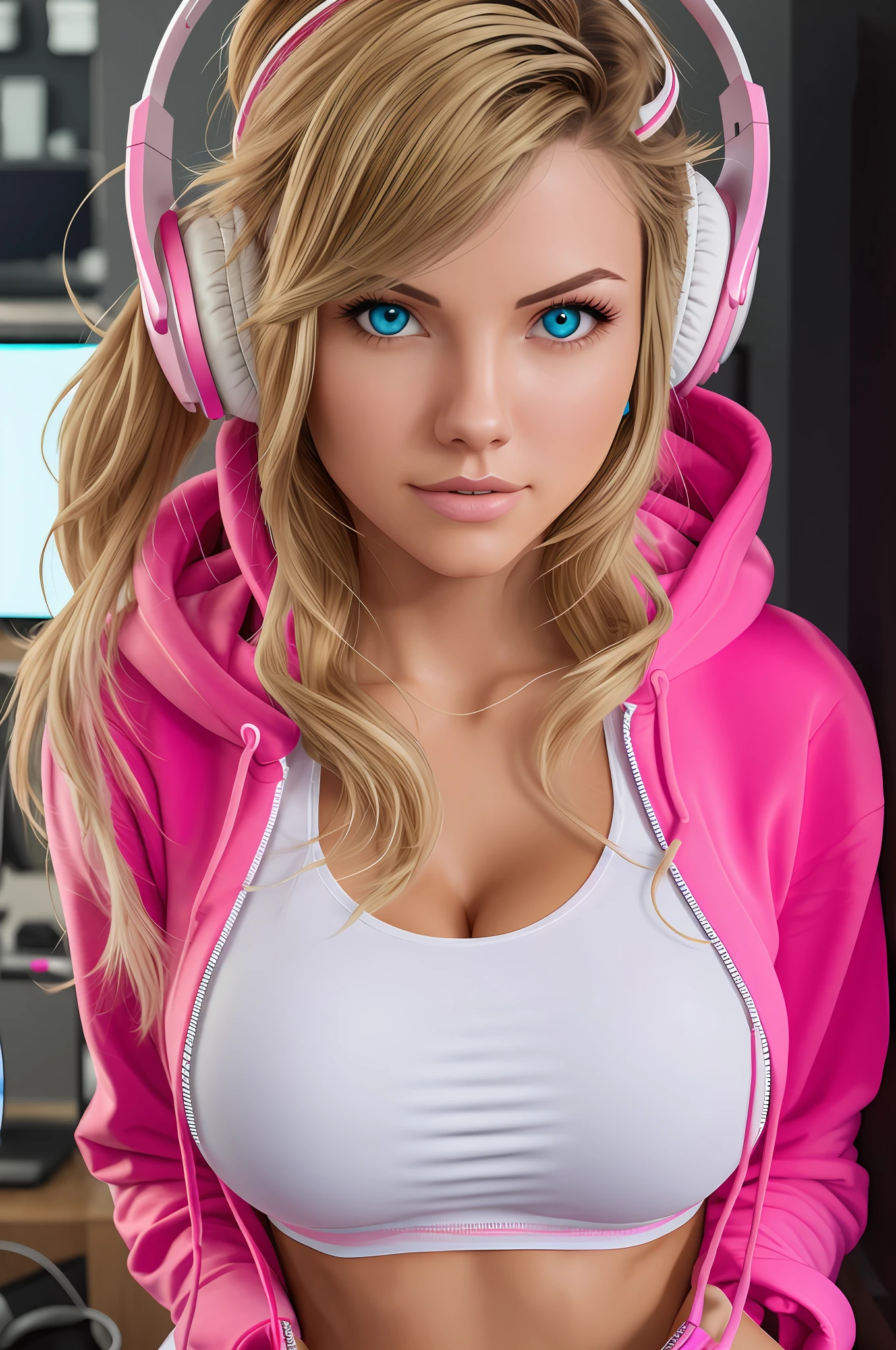 blonde gamer girl leaning into the camera, photo from front above, red hoodie, large white gamer headphones, large breasts, skintight white top:1.2, cleavage, pink bra:1.2, looking at viewer, soft colors, cinematic lighting, perfect anatomy