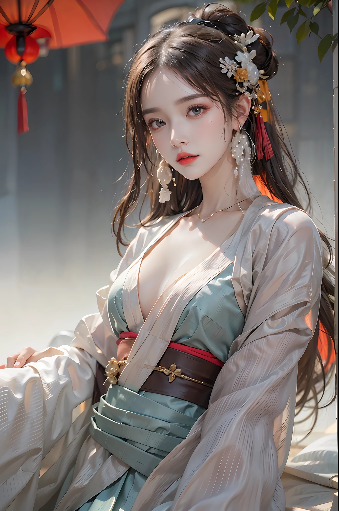 photorealistic, high resolution, 1 women, solo, hips up, beautiful eyes, long hair, red wedding hanfu, Chinese Huadian, gorgeous accessories, wearing pearl earrings