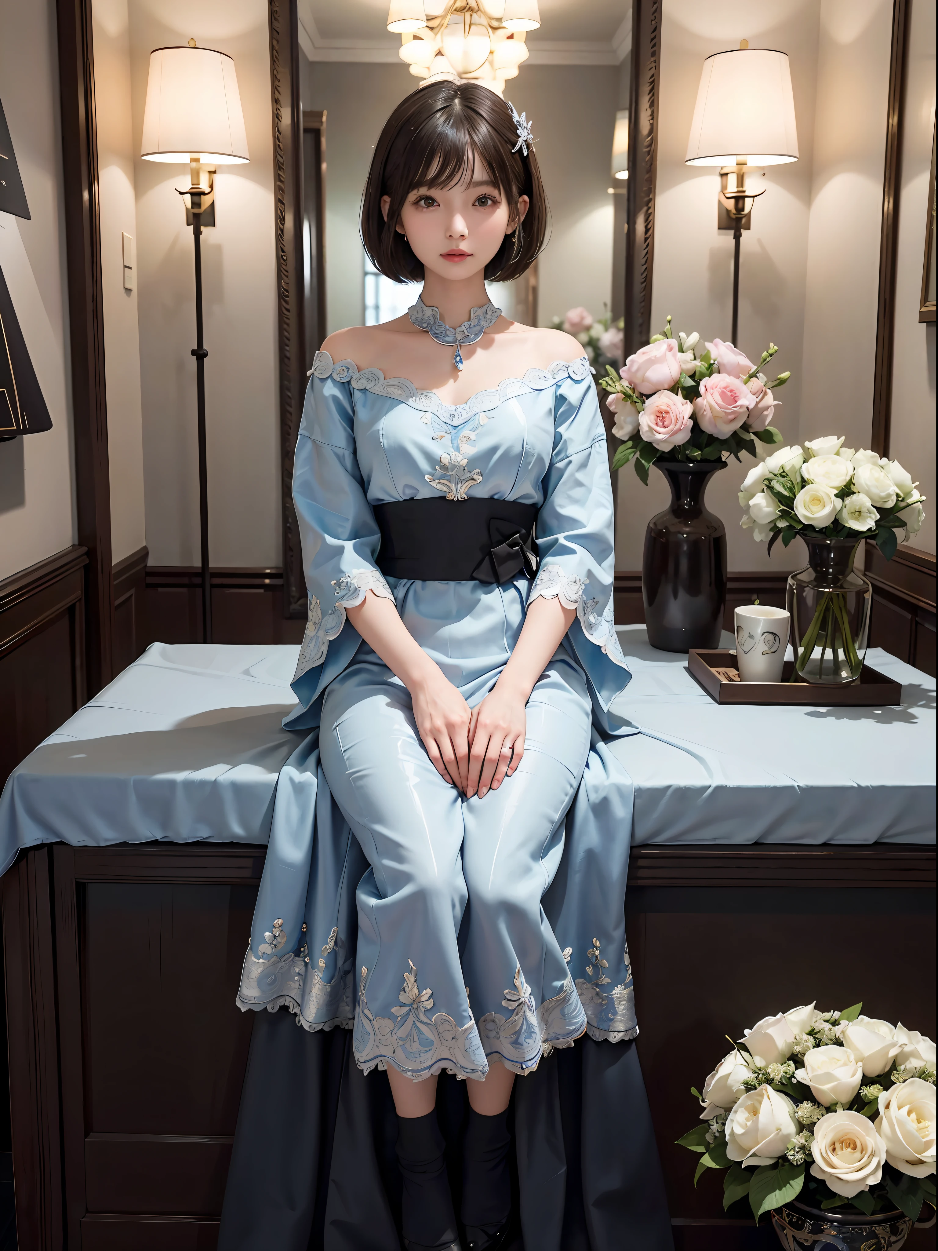 masterpiece, 1 beautiful girls, (((very_Short_hair))), Eye details, Swollen eyes, Top image quality, 超A high resolution, (Realistis: 1.4), OriginalPhotographs, 1girl in, Cinematographic lighting, japanes, Asian Beauty, Korean, very beautif, Beautiful skins, Thin, (A hyper-realistic), (hight resolution), (8 K), (ighly detailed), (The best illustrations), (beautifully detailed eyes), (ultra-detailliert), A detailed face, see the beholder, Facing straight ahead, Neat Clothing, shorth hair、A dark-haired、46-point diagonal bangs、Luxury hotel interior background、flower arrangement、vases、Neat and clean, Picture frame painting