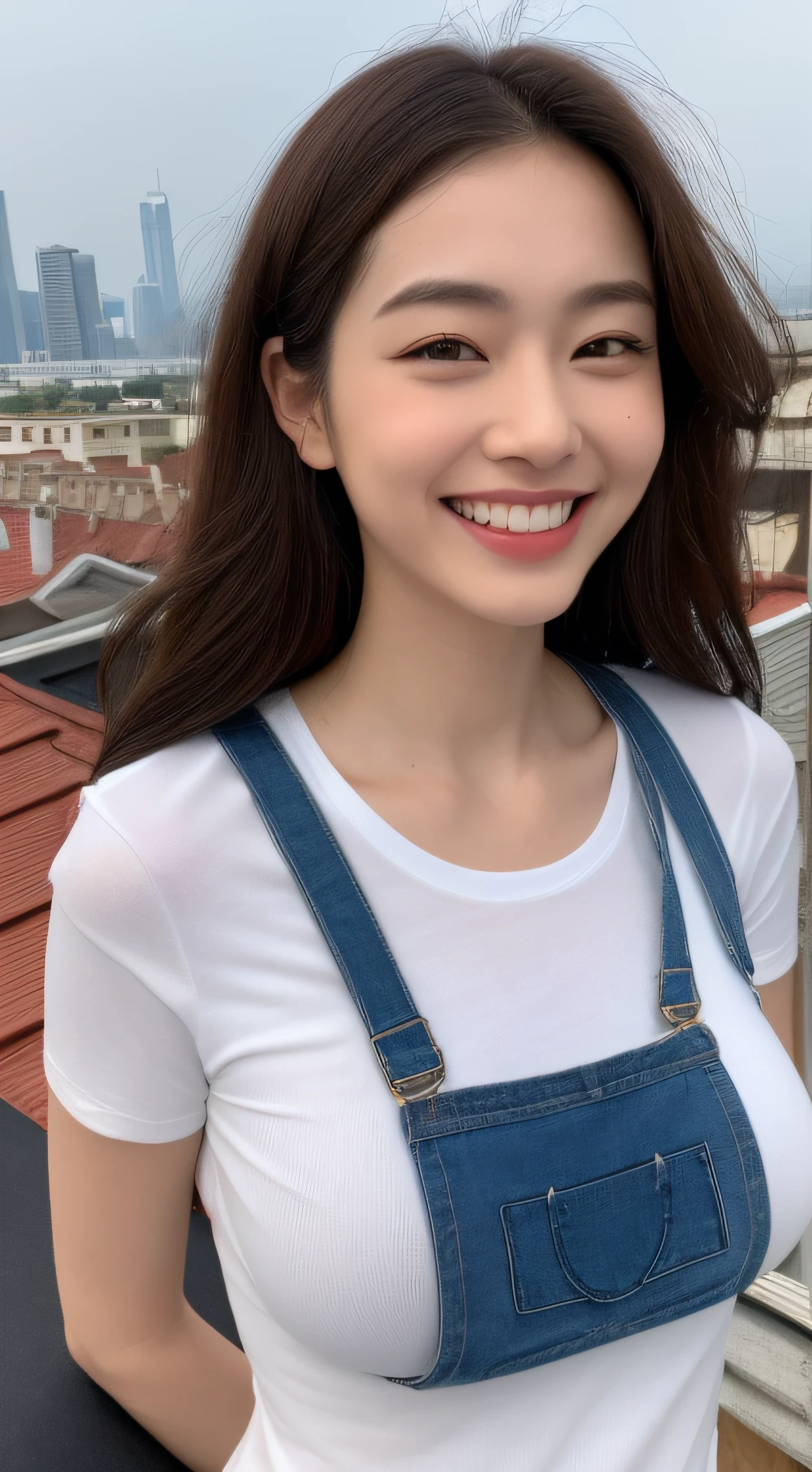 ((top-quality、8k、masterpiece:1.3)), full bodyesbian, long legged, foco nítido:1.2, Beautiful woman with perfect body shape:1.4, Slender Abs:1.1, ((dark brown hair、huge tit:1.2)), (White tight t-shirt、Jean Bib, is standing:1.2), ((On the rooftop:1.3)), Highly detailed facial and skin texture, A detailed eye, 二重まぶた,a smile,White teeth