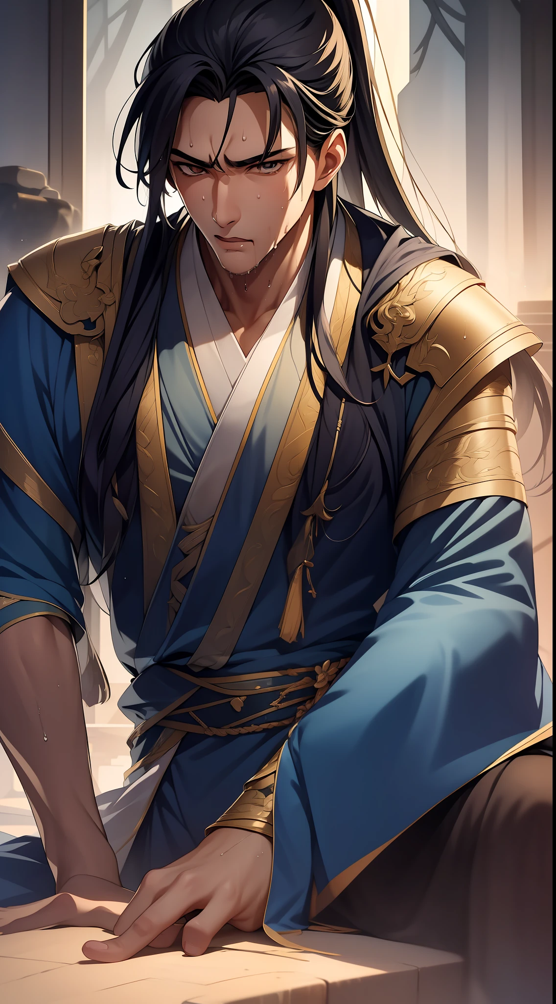 quadratic element，style of anime，mtu（Male Warrior），musculature，The proportions are correct，Face details，swordsmen，High ponytail hairstyle，perspired，Sweat on the face，drools，Neck details，There is an Adam's apple，Get wet，Drenched，Black Hanfu，kaftan，Embroidered robes，Black robe，clothes details，Handing over，longer sleeves，Game quality，Swordsmanship，Light and shadow tracking，Ray traching，detailed glow，cg render，hair detail，cabelos preto e longos，Golden eyes，Sweat on the face，Handsome，Handsome，Beads of sweat slipped down my neck，（juvenile sense），Clothing is complicated，Drenched，Get wet，Perfectcomposition，Refinement，high qulity，higher details，Lots of details，The background is complex，a sense of atmosphere，