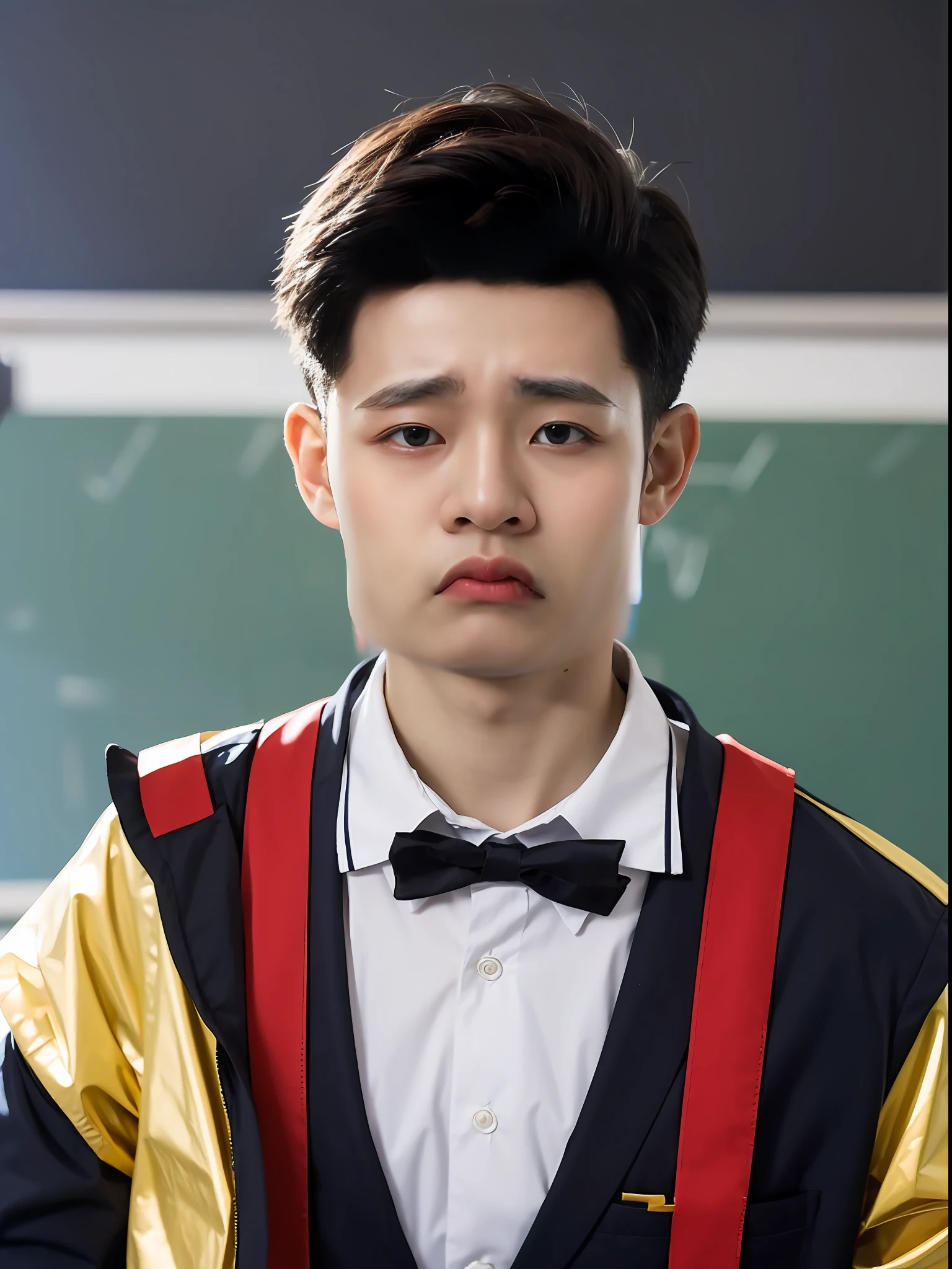 A Chinese high school boy,Standing in a classroom wearing a yellow PVC school uniform