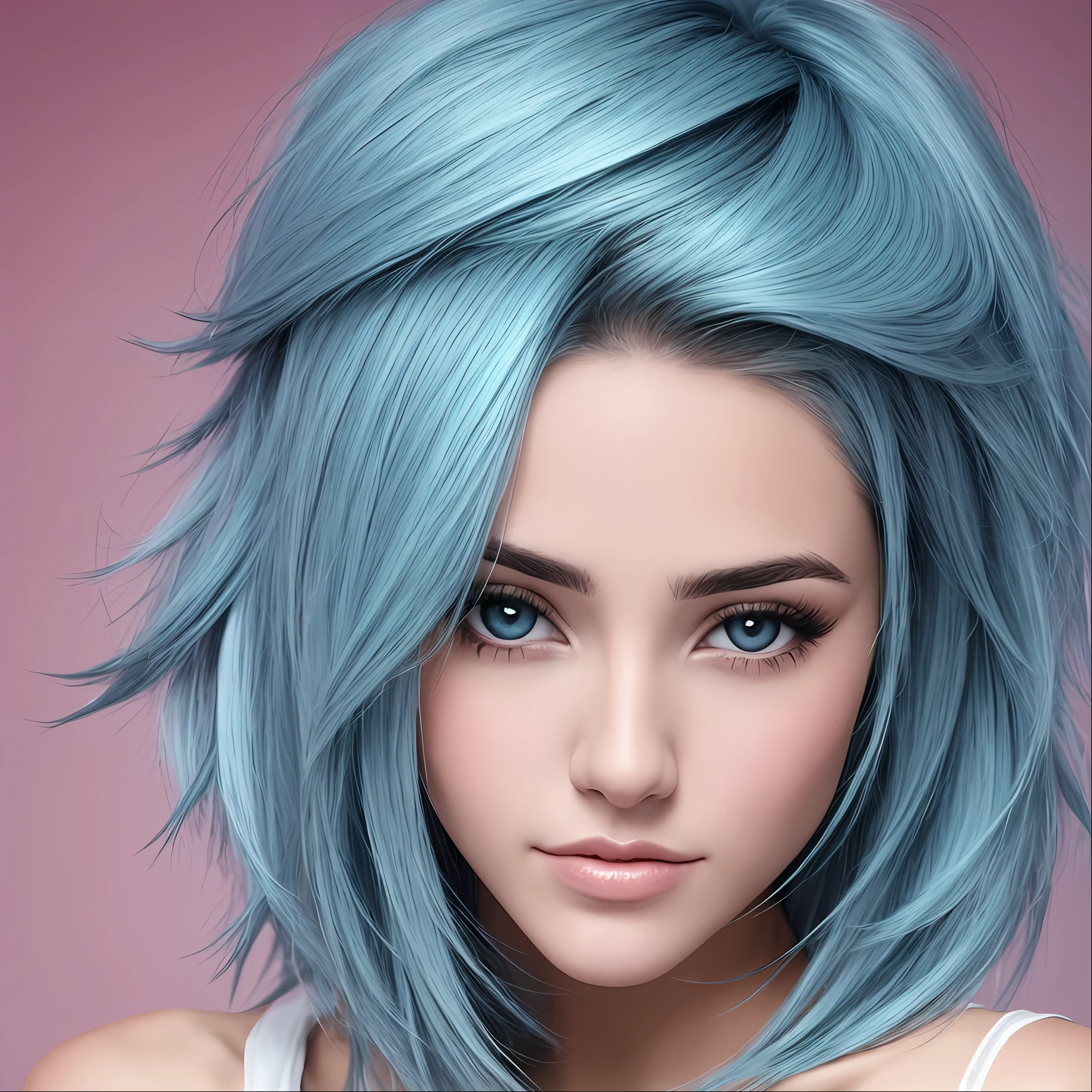 Jovem mulher, linda, alta resolução, corpo inteiro, cabelos azul celeste, rosto delicado, obra prima, detalhado, cabelos ao vento, detalhe no cabelo, realista, olhos azuis