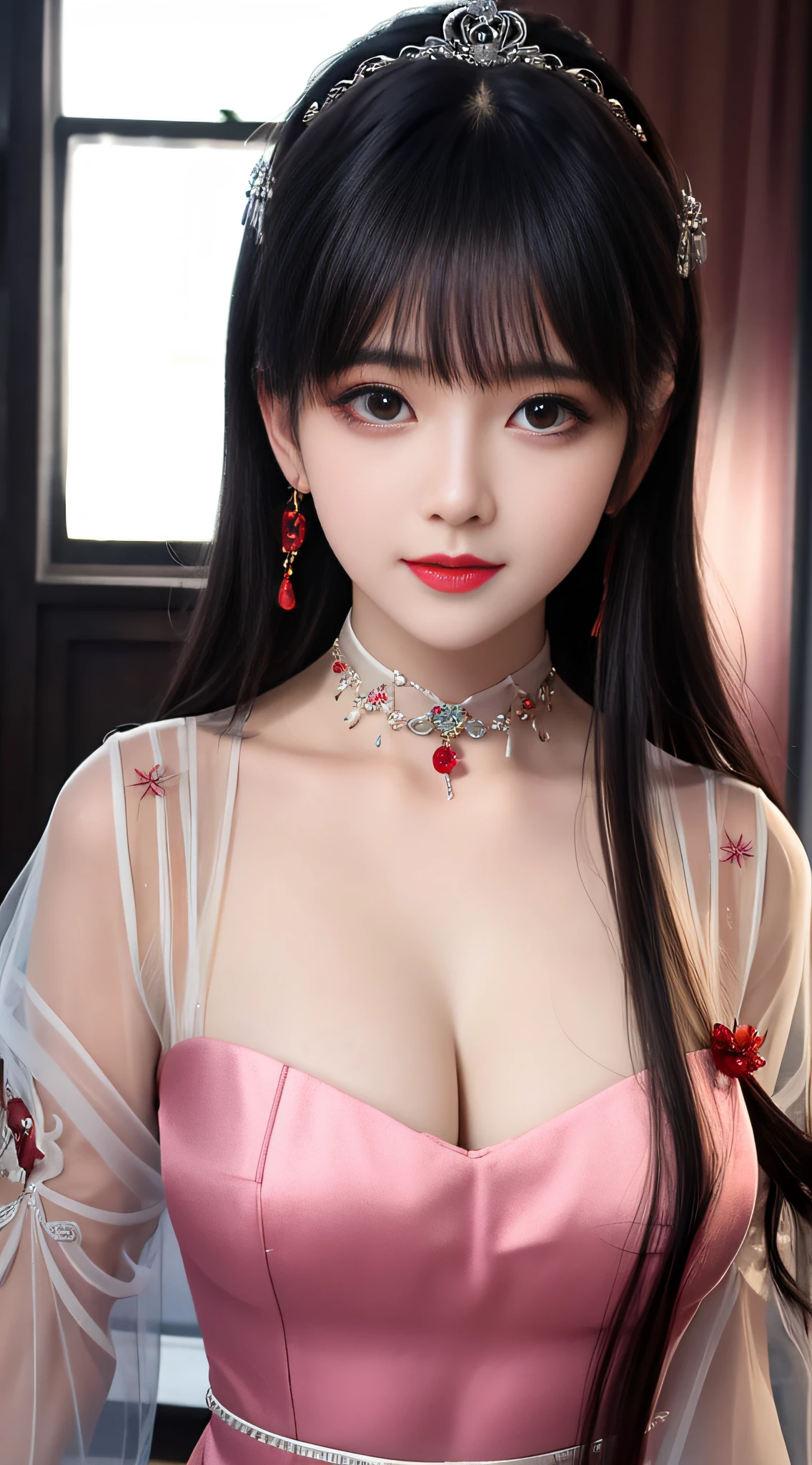 Best quality at best，tmasterpiece，A high resolution，1girl，Transparent red silk porcelain dress，beautiful  face，hair adornments，looking at viewert，ssmile，closing the mouth，cparted lips，shift dresses，hair adornments，choker necklace，jewely，long whitr hair，耳Nipple Ring，beautiful  face，upon body，dingdall effect，真实感，dark studio，edge lit，twotonelighting，（highdetailskin：1.2），8k uhd，digital SLR camera，softlighting，high qulity，Volumetriclighting，sneak shot，photore，A high resolution，4k，8k，Background bokeh