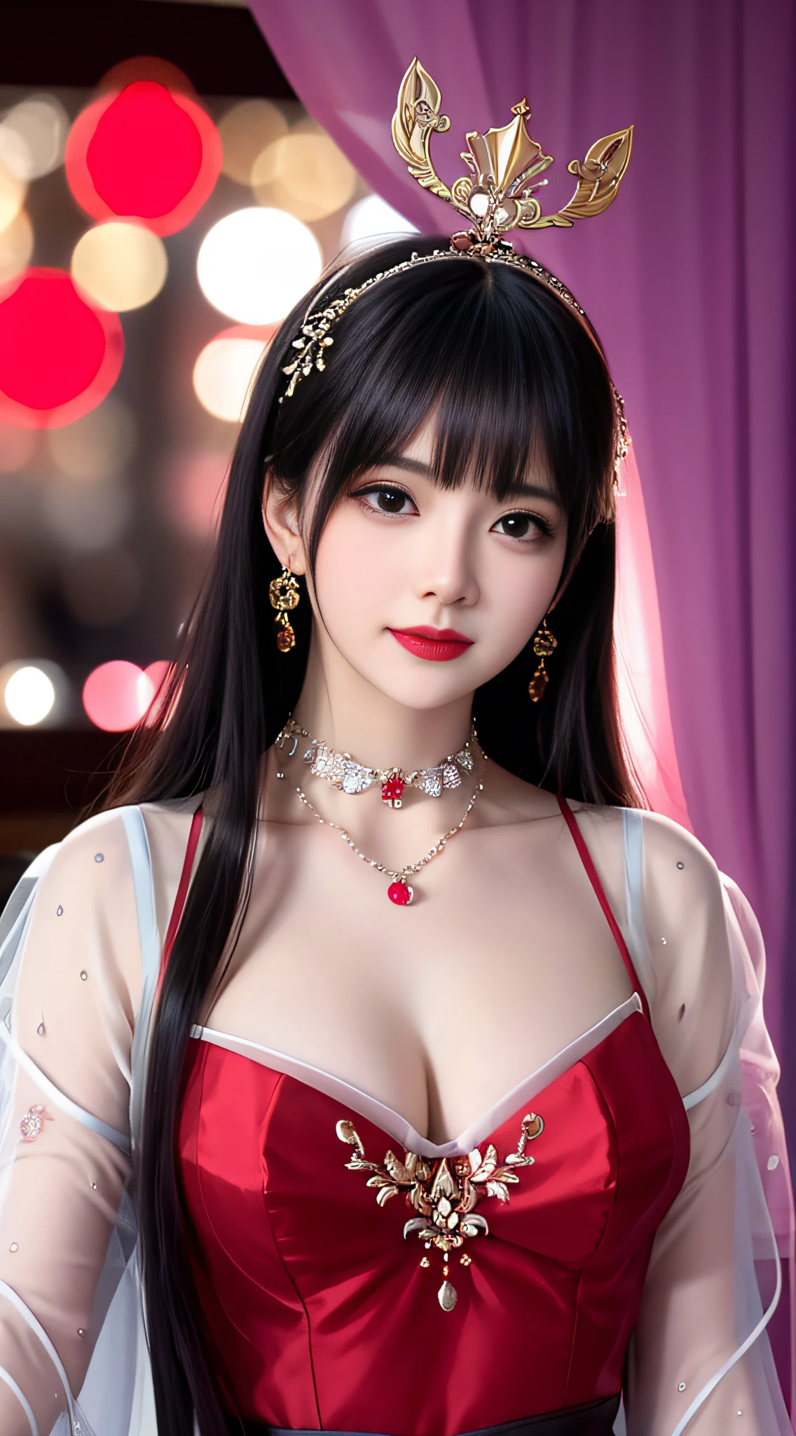 Best quality at best,tmasterpiece,A high resolution,1girl,Transparent red silk porcelain dress,beautiful face,hair adornments,looking at viewert,ssmile,closing the mouth,cparted lips,shift dresses,hair adornments,choker necklace,jewely,long whitr hair,耳Nipple Ring,beautiful face,upon body,dingdall effect,真实感,dark studio,edge lit,twotonelighting,(highdetailskin:1.2),8k uhd,digital SLR camera,softlighting,high qulity,Volumetriclighting,sneak shot,photore,A high resolution,4k,8k,Background bokeh