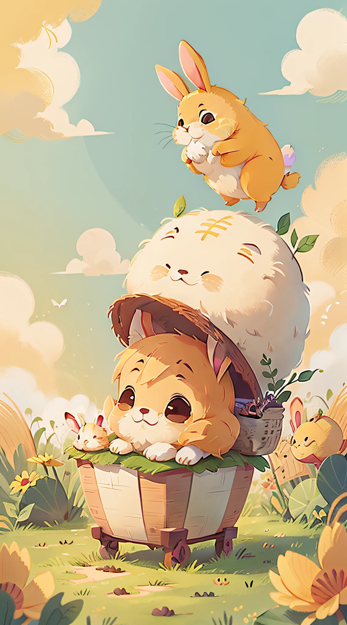 Liqiu solar term illustration style, Cute little bunny, Golden yellow rice background, White clouds float in the sky, The little rabbit smiled into a line, It contained a basket filled with fresh rice