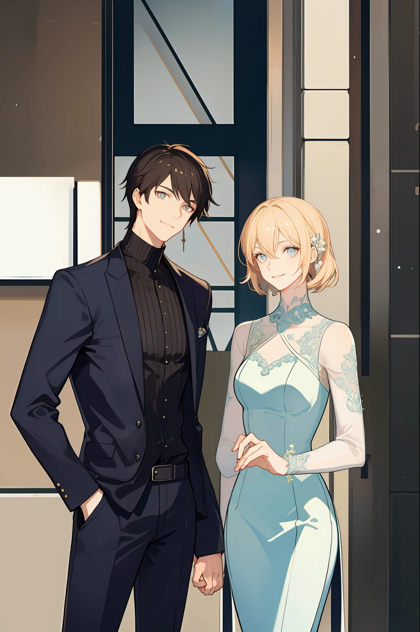tmasterpiece,Need,2guys,couple,1man with 1woman,,AS-Adult,Height difference,Different fashions,Different skin tones,Delicate eyes and delicate face,Complicated details,lounge suit,Oversized,Modern urban campus,take hand,ssmile, Happy love