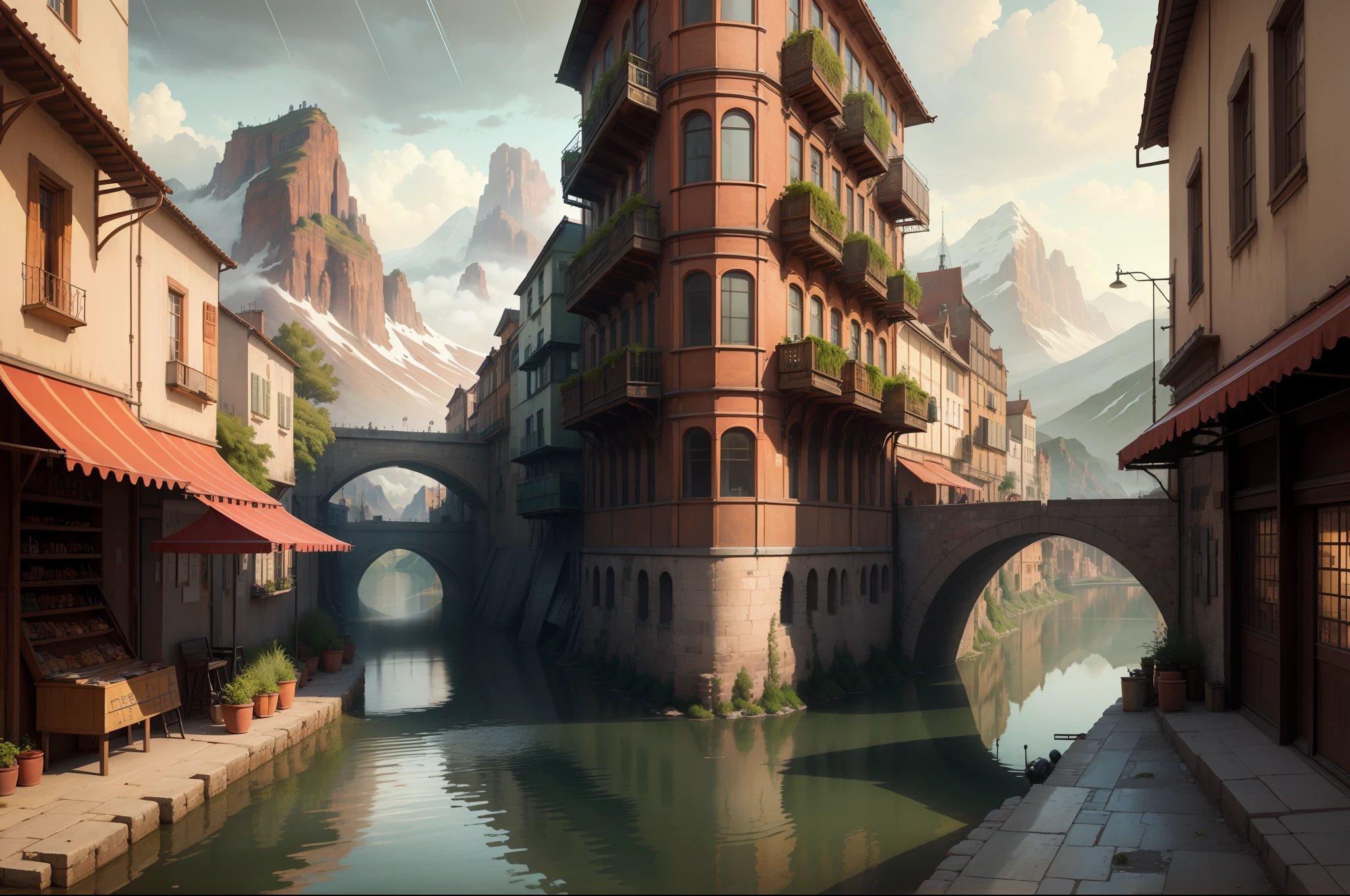 ((masterpiece)),((best quality)),((high detial)),((realistic,))
Industrial age city, bazaars,architectural streets,  lake,European architecture,(Bridges:0.8), architectural streets,  rainy days, steampunk, European architecture,deep canyons in the middle,mountain in distance