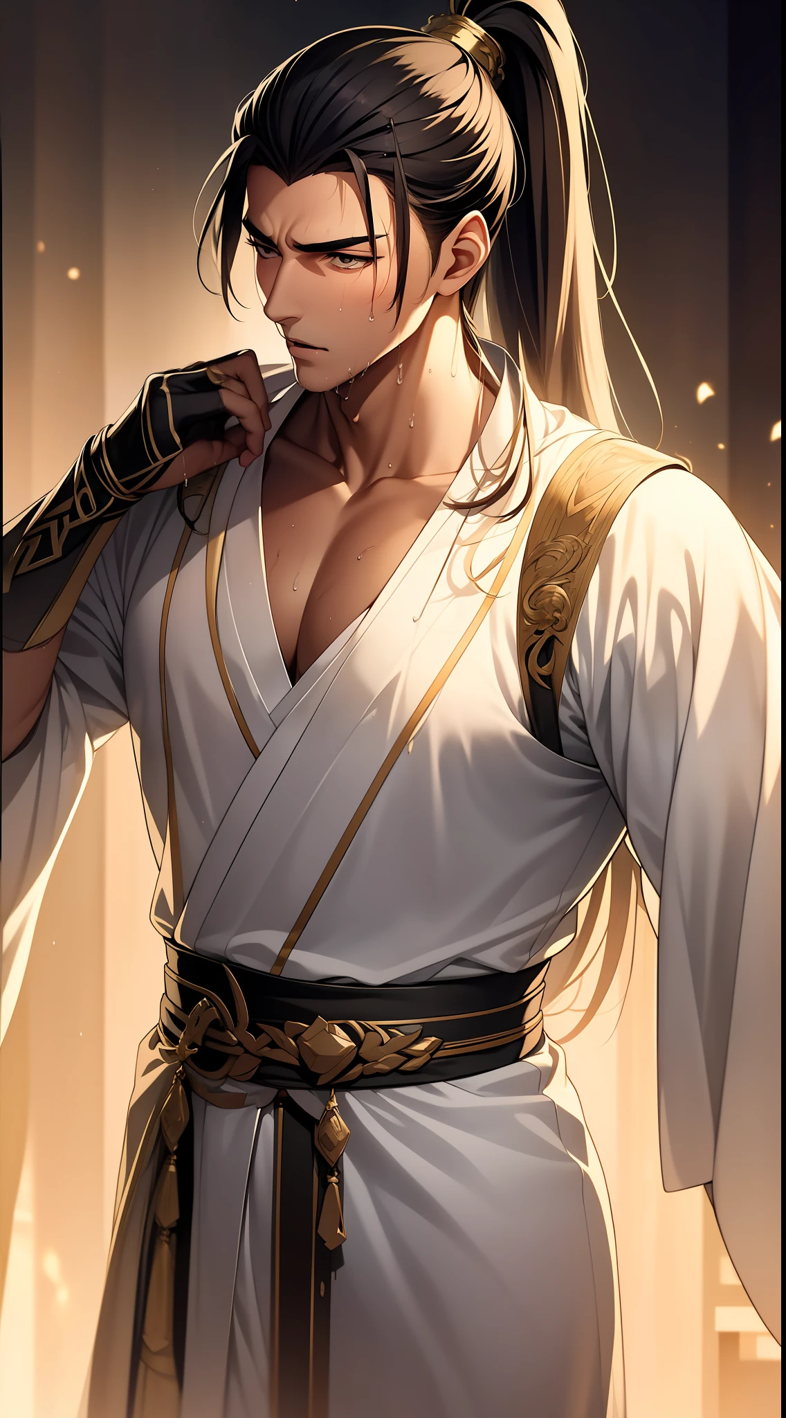 quadratic element，style of anime，mtu（Male Warrior），musculature，The proportions are correct，Face details，swordsmen，High ponytail hairstyle，perspired，Sweat on the face，drools，Neck details，There is an Adam's apple，Get wet，Drenched，Black Hanfu，kaftan，Embroidered robes，Black robe，clothes details，Handing over，longer sleeves，Game quality，Swordsmanship，Light and shadow tracking，Ray traching，detailed glow，cg render，hair detail，cabelos preto e longos，Golden eyes，Sweat on the face，Handsome，Handsome，Beads of sweat slipped down my neck，（juvenile sense），Clothing is complicated，Drenched，Get wet，Perfectcomposition，Refinement，high qulity，higher details，Lots of details，The background is complex，a sense of atmosphere，