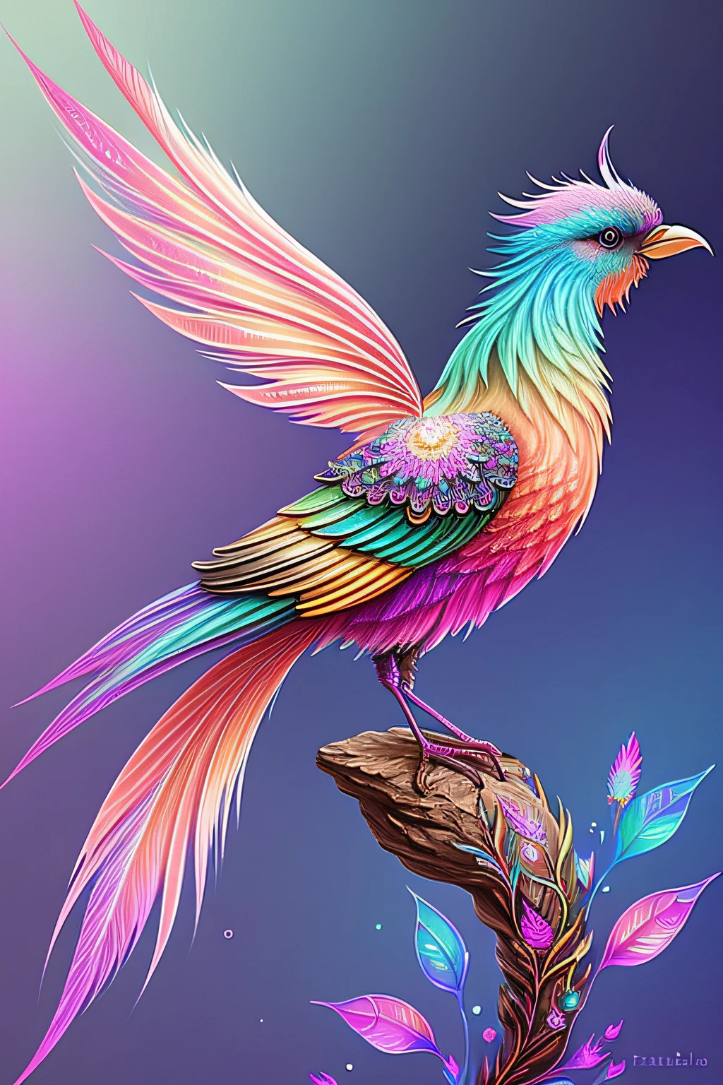 side view of fractal colorfully fantasy bird, tint feathers, dreamlike, glitters, soft lighting, hyperdetailed, concept art, digital painting, fantasy, flowers, epic, intricate details, sharp focus, trending on artstation, by Bella, oversaturated, rainbow sparkles on background