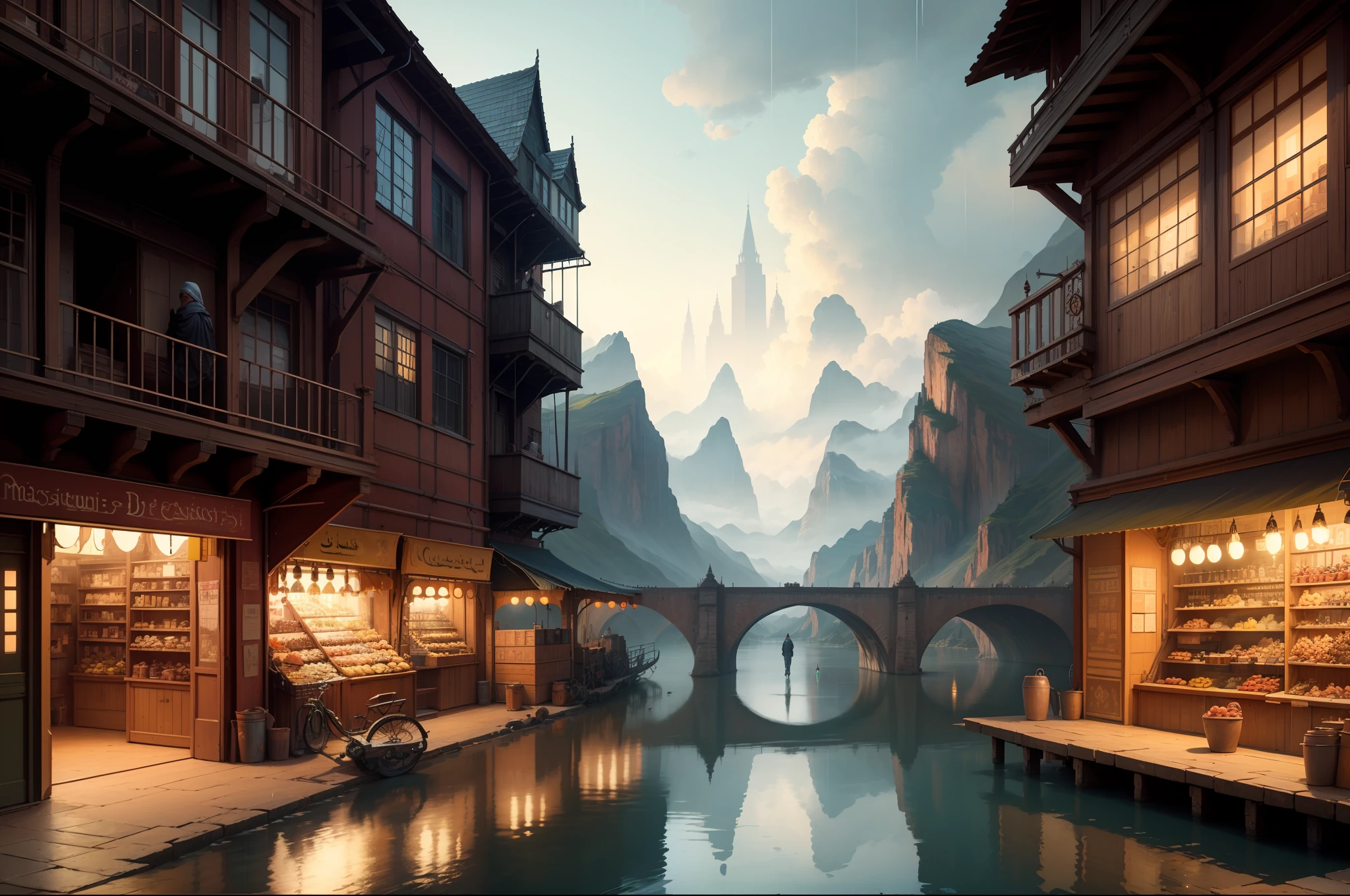 ((masterpiece)),((best quality)),((high detial)),((realistic,))
Industrial age city, bazaars,architectural streets, lake,European architecture,(Bridges:0.8), architectural streets, rainy days, steampunk, European architecture,deep canyons in the middle,mountain in distance