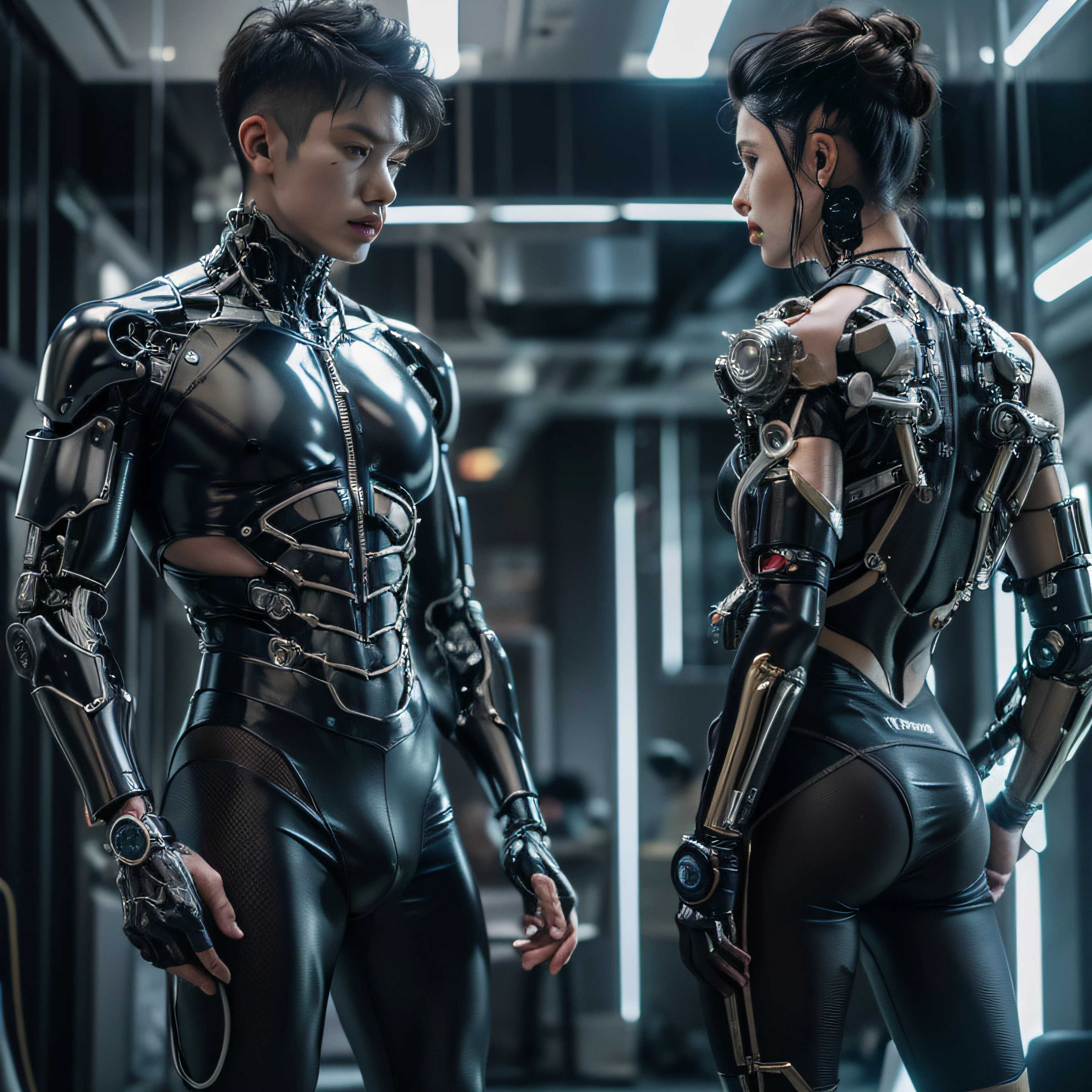 (An Aalfid man wearing a black transparent latex suit，Translucent latex garments：1.5)，（Metallic body, bionic scifi alexandre ferra, cyborg neck, cyborg male, male cyborg, cyborg fashion model, portrait of a cyborg, detailed portrait of a cyborg, cybernetic neck implant, portrait of a futuristic robot ：1.3）（dystopian sci-fi character, sci - fi character, portrait of a cyberpunk cyborg：1.2）（8K，Extreme detail，Hair in extreme detail，Ultra photo realsisim，cinmatic lighting：1.1）（Asian supermodel face，Strong muscles and perfectly curved body，Extreme sexual tension，Hormonal explosion，whole body display：1.2）（Short hair, shallow beard, stubble macho，Muscular macho，No clothes on，Only a pair of thongs was worn，Extremely sexy and provocative：1.5）