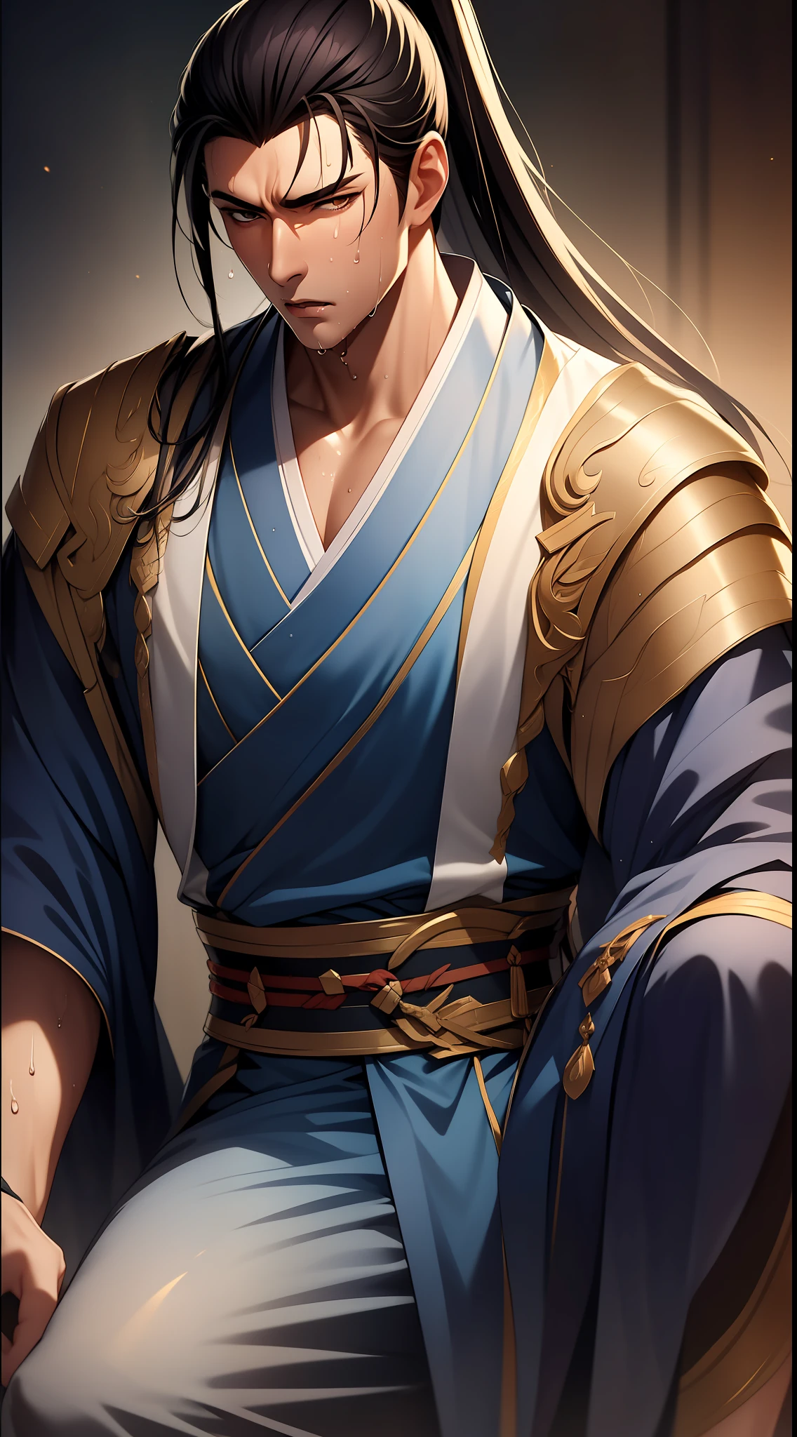 quadratic element，style of anime，mtu（Male Warrior），musculature，The proportions are correct，Face details，swordsmen，High ponytail hairstyle，perspired，Sweat on the face，drools，Neck details，There is an Adam's apple，Get wet，Drenched，Black Hanfu，kaftan，Embroidered robes，Black robe，clothes details，Handing over，longer sleeves，Game quality，Swordsmanship，Light and shadow tracking，Ray traching，detailed glow，cg render，hair detail，cabelos preto e longos，Golden eyes，Sweat on the face，Handsome，Handsome，Beads of sweat slipped down my neck，（juvenile sense），Clothing is complicated，Drenched，Get wet，Perfectcomposition，Refinement，high qulity，higher details，Lots of details，The background is complex，a sense of atmosphere，