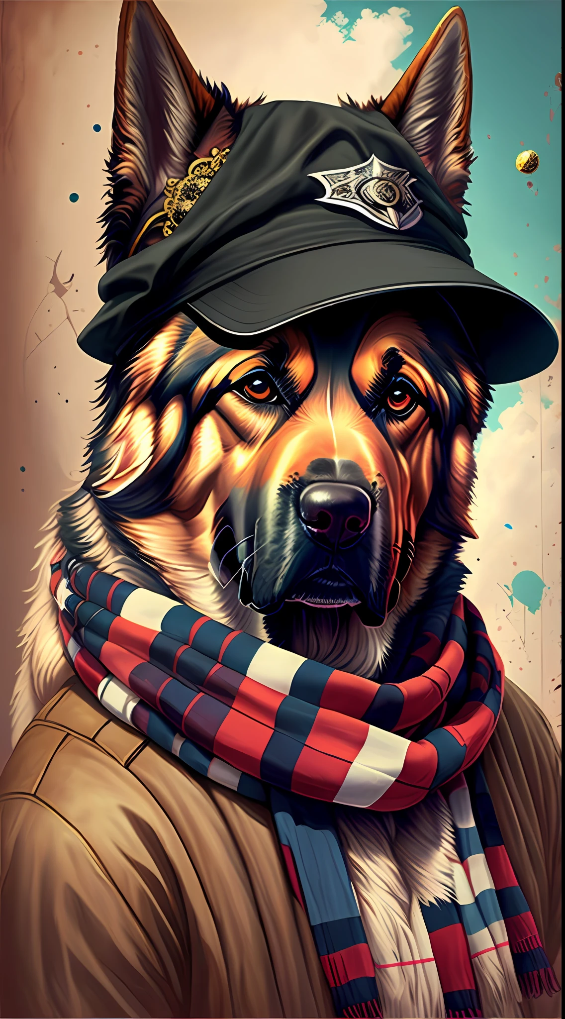 Una pintura de un lindo German Shepherd con gorra y bufanda, Trend in the Art Station, vestido con ropa punk, Detailed hyper-realistic rendering, British gang member, estilo callejero, pose intimidante, planeta de perros, ropa de moda, samurai urbano, auau, rasgos eslavos occidentales, fondo con detalles neutros --auto --s2