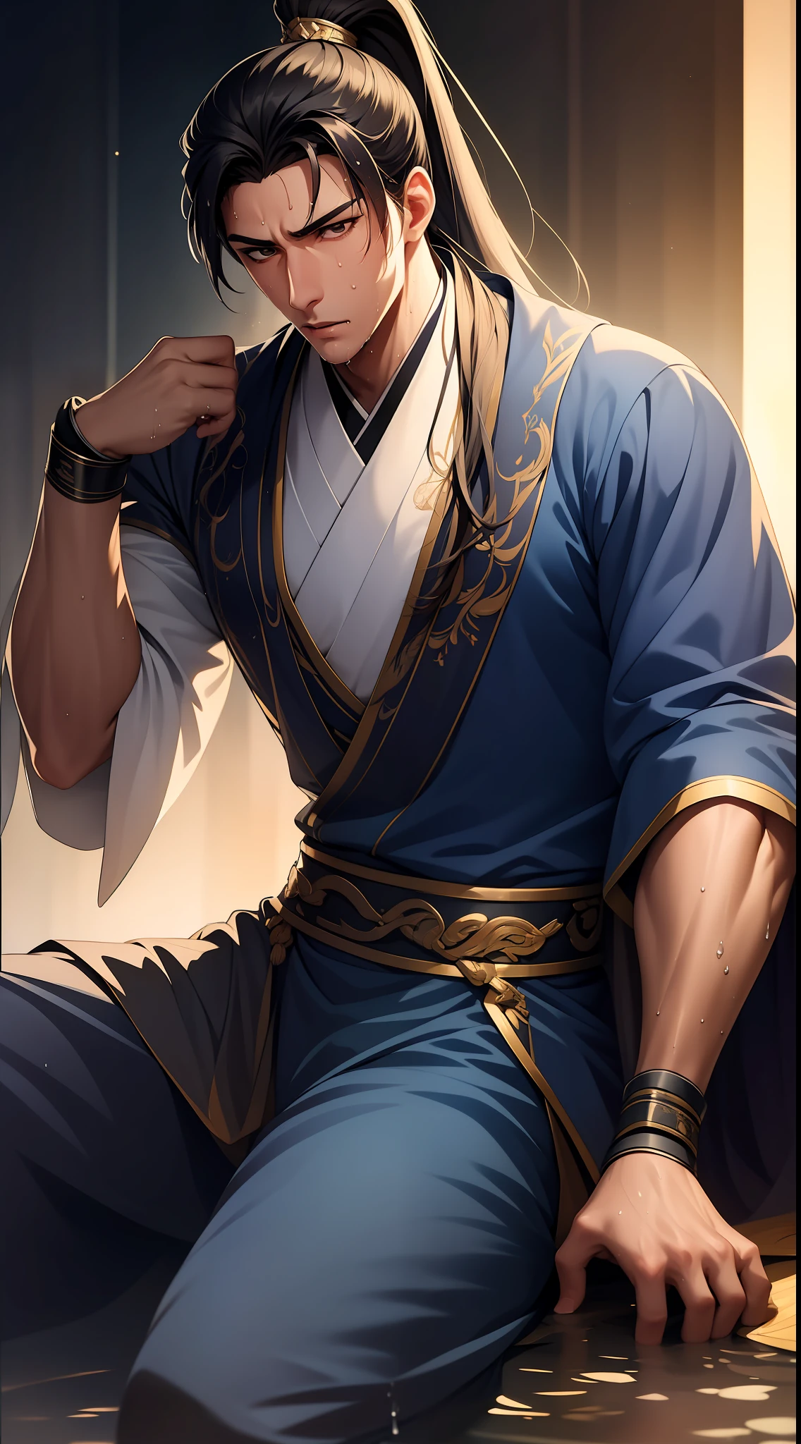 quadratic element，style of anime，mtu（Male Warrior），musculature，The proportions are correct，Face details，swordsmen，High ponytail hairstyle，perspired，Sweat on the face，drools，Neck details，There is an Adam's apple，Get wet，Drenched，Black Hanfu，kaftan，Embroidered robes，Black robe，clothes details，Handing over，longer sleeves，Game quality，Swordsmanship，Light and shadow tracking，Ray traching，detailed glow，cg render，hair detail，cabelos preto e longos，Golden eyes，Sweat on the face，Handsome，Handsome，Beads of sweat slipped down my neck，（juvenile sense），Clothing is complicated，Drenched，Get wet，Perfectcomposition，Refinement，high qulity，higher details，Lots of details，The background is complex，a sense of atmosphere，