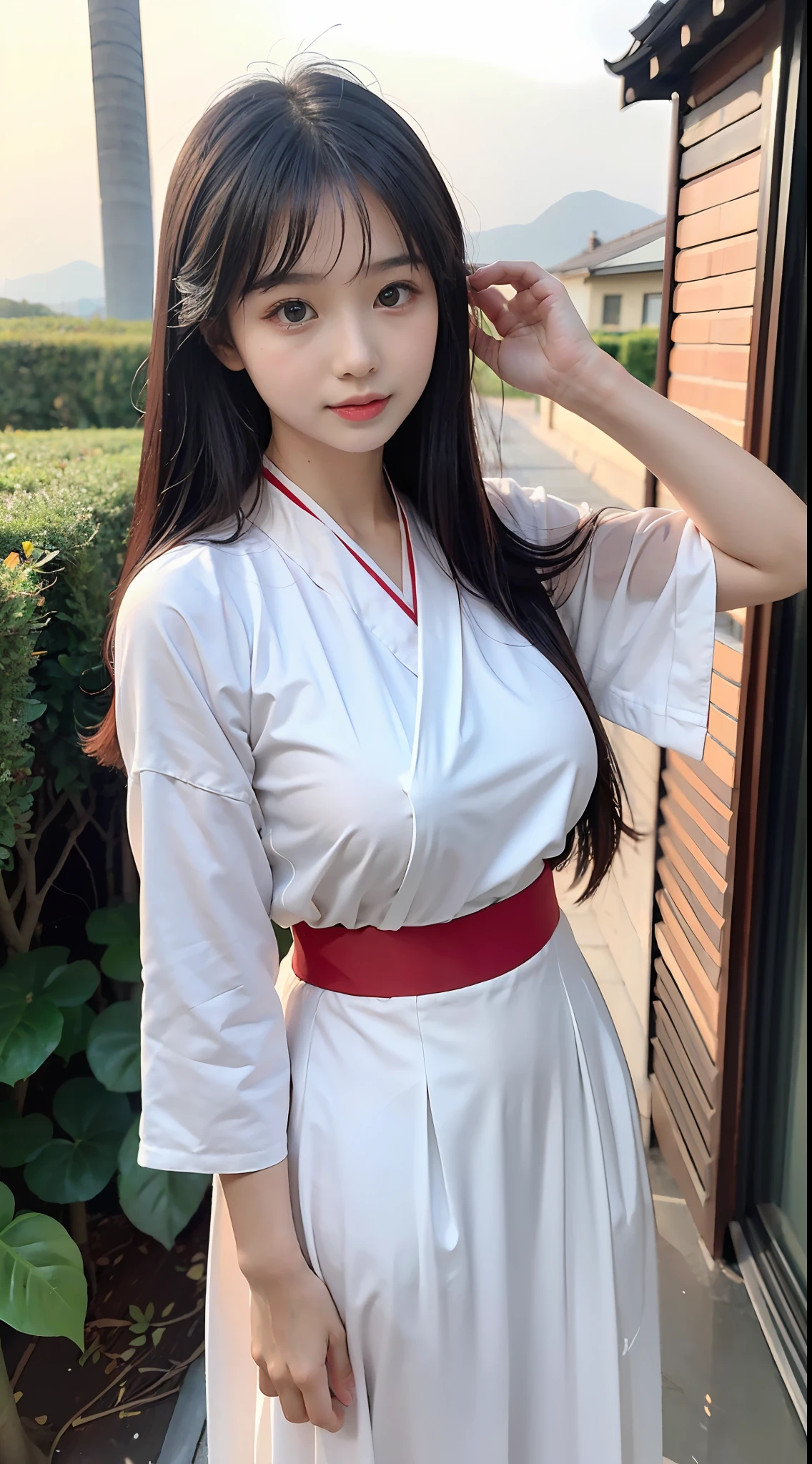 Master quality, highest quality, best picture quality, exaggerated details, a cute 8  asian little gth a shy expression, slightly squinted eyes, adjusting her hair, long eyelashes (long hair / very, very exaggerated big breasts / in hanfu luxury) sexy, posing in front of the camera, wet cloth under wear