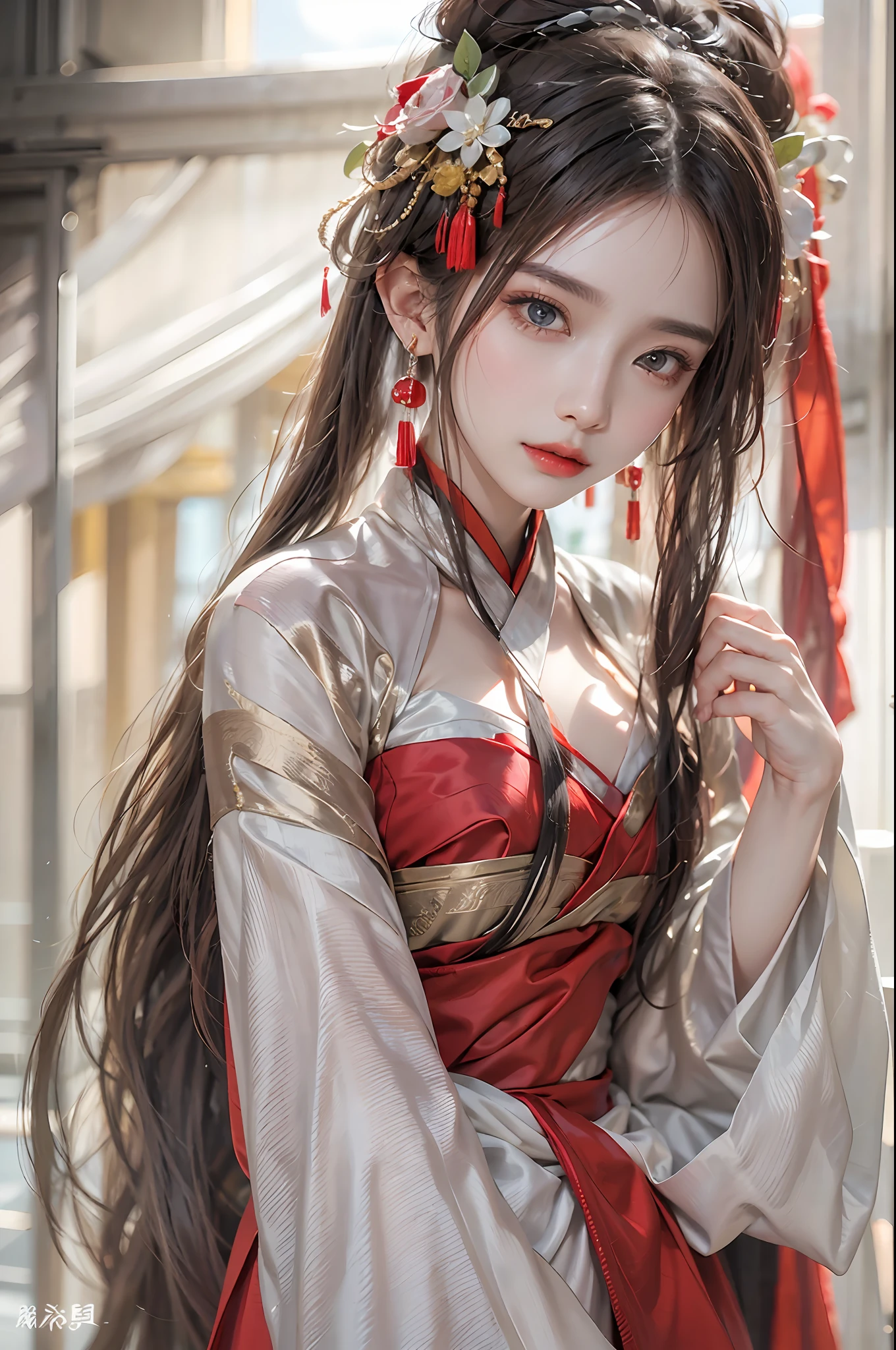 photorealistic, high resolution, 1 women, solo, hips up, beautiful eyes, long hair, red wedding hanfu, Chinese Huadian, gorgeous accessories, wearing pearl earrings
