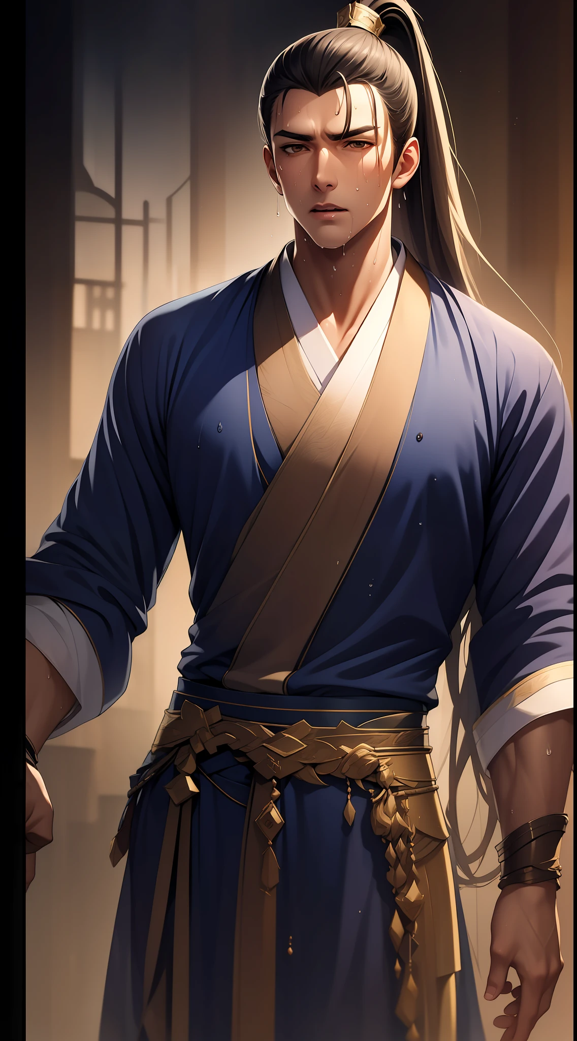 quadratic element，style of anime，mtu（Male Warrior），musculature，The proportions are correct，Face details，swordsmen，High ponytail hairstyle，perspired，Sweat on the face，drools，Neck details，There is an Adam's apple，Get wet，Drenched，Black Hanfu，kaftan，Embroidered robes，Black robe，clothes details，Handing over，longer sleeves，Game quality，Swordsmanship，Light and shadow tracking，Ray traching，detailed glow，cg render，hair detail，cabelos preto e longos，Golden eyes，Sweat on the face，Handsome，Handsome，Beads of sweat slipped down my neck，（juvenile sense），Clothing is complicated，Drenched，Get wet，Perfectcomposition，Refinement，high qulity，higher details，Lots of details，The background is complex，a sense of atmosphere，