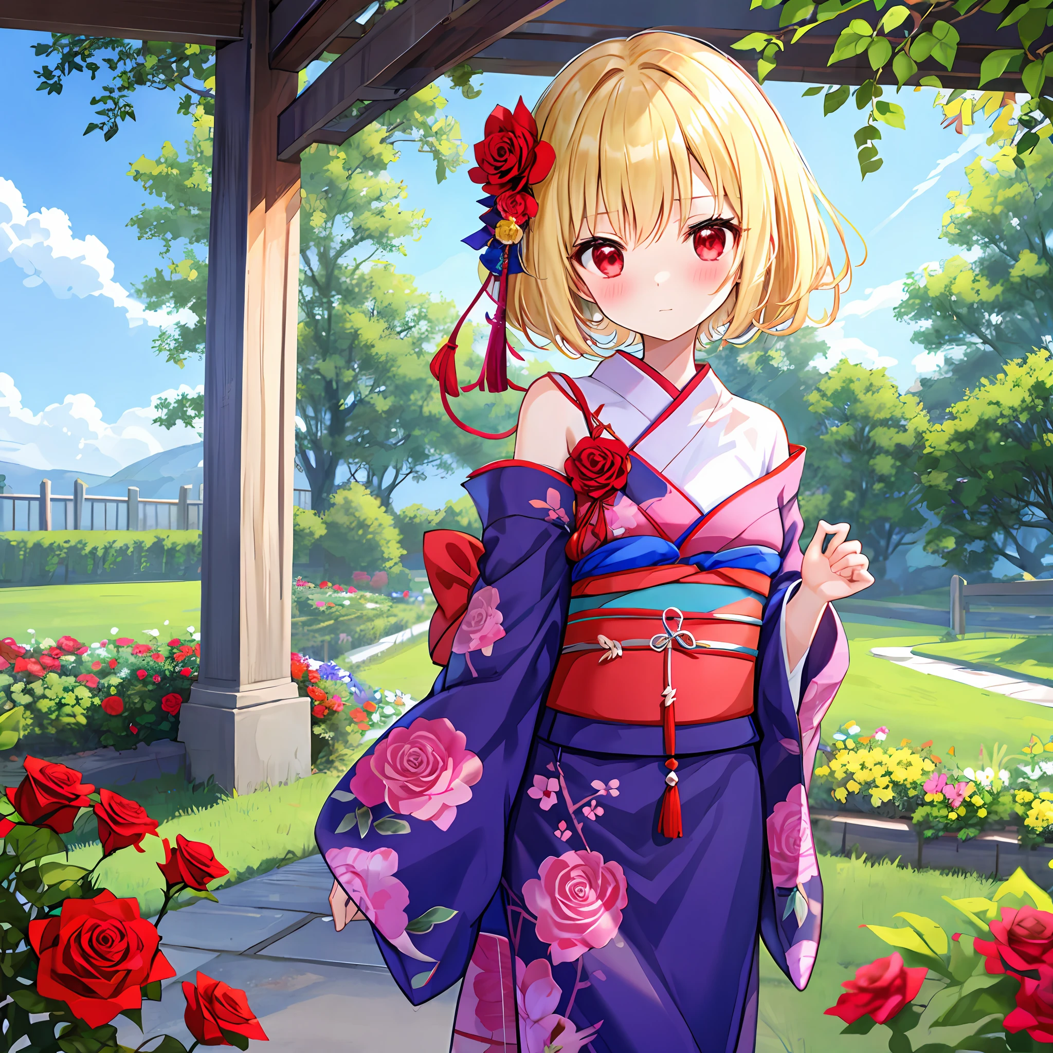red blush、a blond、red eyes、Beautiful girl alone、animesque、独奏、Kimono、off shoulders、rose garden、flower field、lonely、