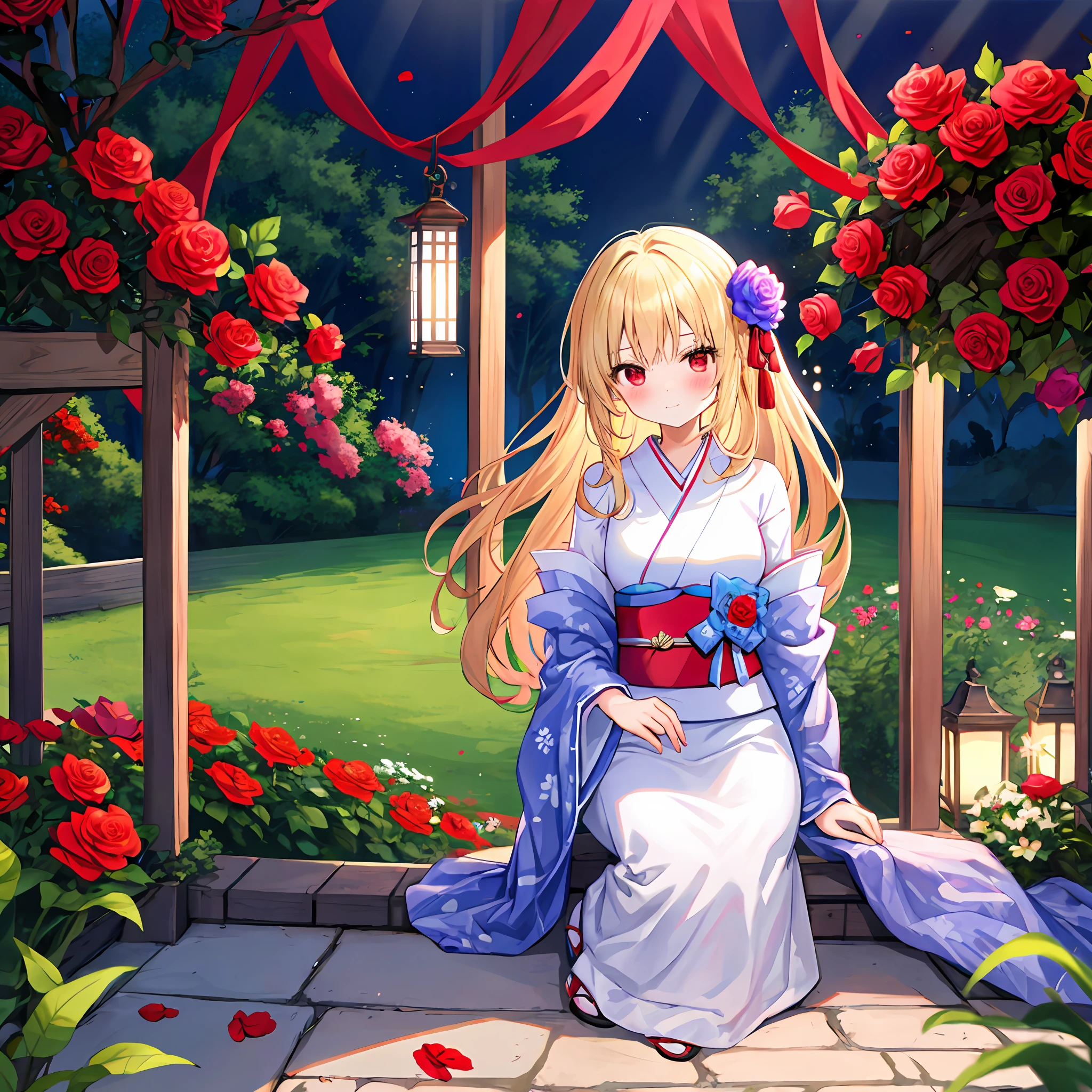 red blush、a blond、red eyes、Beautiful girl alone、animesque、独奏、Kimono、off shoulders、rose garden、flower  field、lonely、