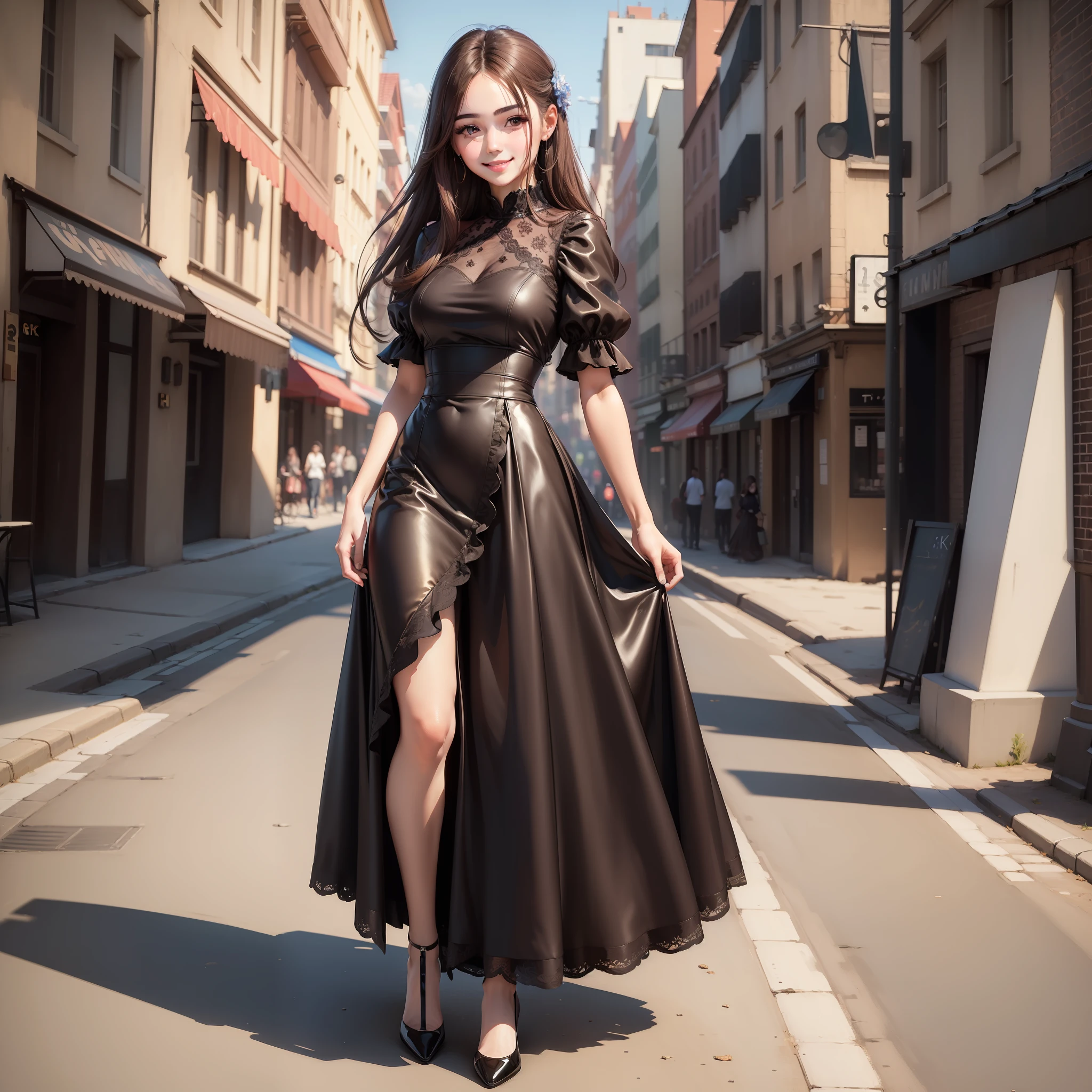 ((Best quality, 8k, Masterpiece :1.3)), 1girl, smiling, full body, slim face, Pretty woman, (Dark brown hair), full length dress :1.1, Ultra-detailed face, Detailed eyes, Double eyelid, blur background, slim face, city, outside, street,