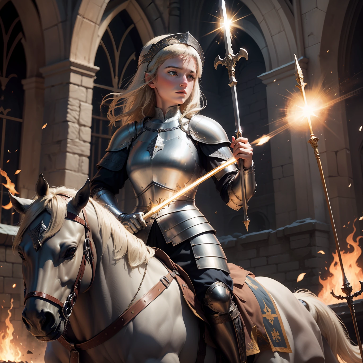 Joan of Arc in full armor leading in medieval Europe ::5 brandishing a spear and radiating divine light ::4 the palpable atmosphere of determination and courage ::3 Detailed visualization of the armor, weapon, and period attire ::2 a powerful and inspiring historical scene ::1 50 --s 2