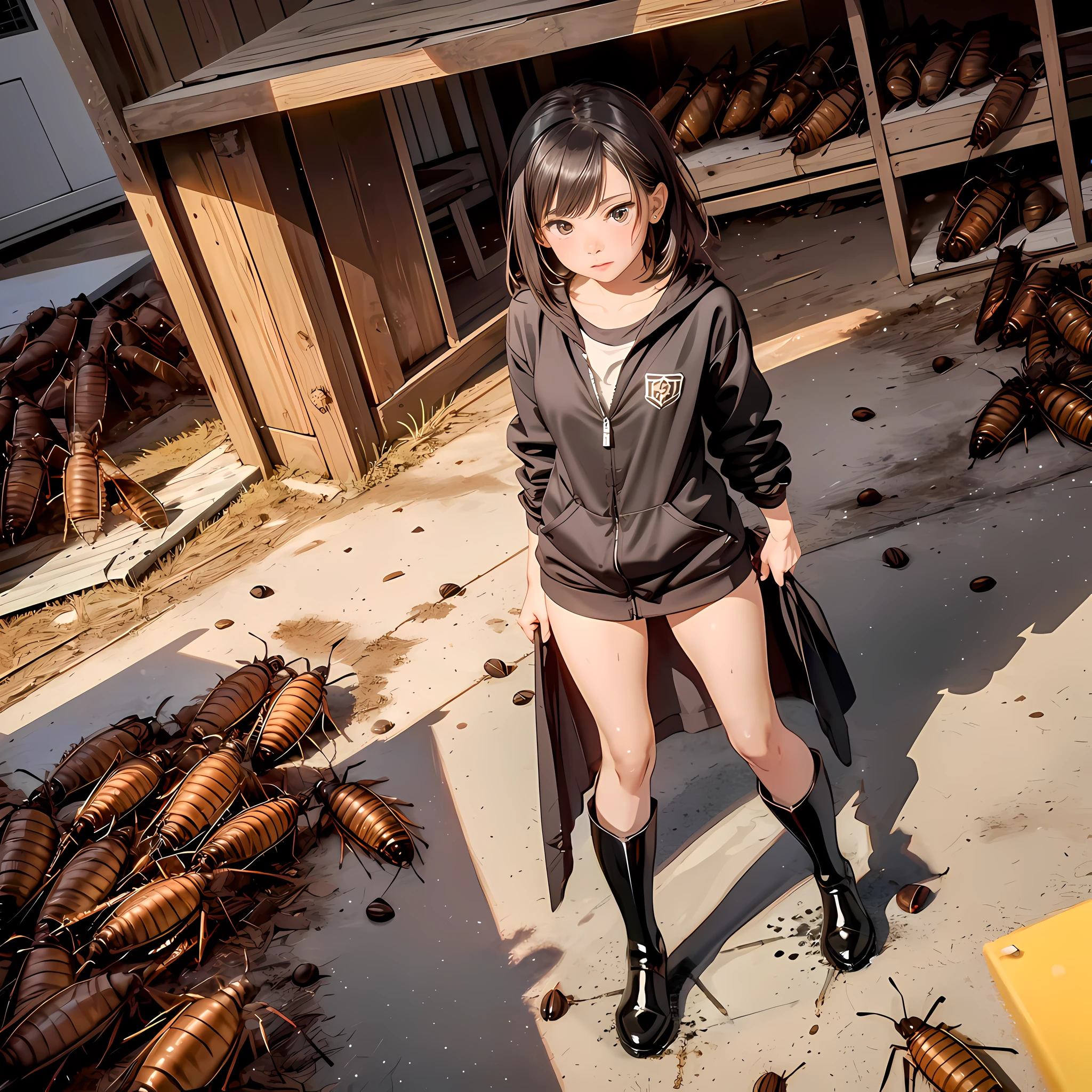 Black knee-length rubber boots, standing on cockroaches, crushed cockroaches, splattered cockroach fluids