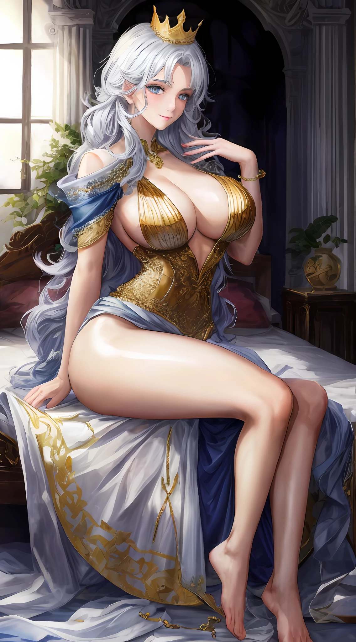 a queen，eagle，Falcon on the World Tree in Norse mythology，Vidfolnier，long  white hair，blue color eyes，European and American beauty，Girly face，The temperament of a noblewoman，Full-figured，Large breasts，The waist is slender，Buttock bodybuilding，The legs are slender，Golden ratio figure，Dress revealingly，Sit on the bed，Barefoot Feet，A beautiful and delicate face of the highest order，Dignified, sexy and elegant