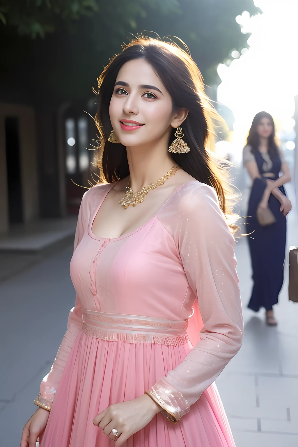 Wear bandhani anarkali dress pose, gorgeous royal, ((Katrina kaif:1.2)), jewellery, gem, necklace, gold bracelet, anklets, thick lips, skindentation, parted lips, ulzzang-6500-v1.1, portrait of a beautiful Indian woman, From Golden Skin, 27 years old, Pretty woman, Indian model, (in long anarkali dress) (Slim abdomen), (Perfect slim figure), (Dynamic pose), Solo, ((open crotch)), (((bare ass))), (Slim:1.1), 1 woman, (Full figure:0.9), Beautifully detailed sky, sunny day, Mumbai city, On the street, detailed Mumbai street, Indian clothes,(( long sleeve dress)), ((long pink anarkali dress)), medium hair, smile, closed mouth, lips, Long Pink anarkali dress covered with full body, detailed beautiful round eyes, Indian women, Asian women, Beautiful face, photorealistic, rim lighting, two-tone lighting, gold bracelet, thick lips, indentation, parted lips, (detailed eyes), light blonde hair, blue eye, details still clear, honey-coloured, fluffy turned, HDR, shallow depth of field, broad light, backlighting, bloom, light sparkles, chromatic aberration, sharp focus, Nikon Z 85mm, unparalleled masterpiece, ultra-realistic 8k photos, best quality masterpiece, best quality, standing, full body shot, (wind:1.4)(photorealistic:1.2), (realistic:1.5), (hyperrealistic:1.2),(photorealistic face:1.2), (light blonde hair), (blue eyes), ((big cheeks)), (beautiful face:1.8), (detailed face:1.6), (medium breast:1.2), (detailed bright eyes:1.5), (eyelashes:1.4), (smiling:1.3), (detailed long black hair), (long Pink anarkali dress:1.5), (narrow waist:1.5), (thigh: 1.5), (realistic human skin:1.6), (full curvy body) (detailed eyes), (seductive pose), (detailed facial features), (detailed clothes features),(necklace),(earrings), (bracelet), ( Long pink bandhani anarkali dress), (Photorealistic:1.4),(High Quality: 1.2), Raw photo, (Perfect body shape),Uniform, Deep shadows,Unobtrusive, Cold light 12000K,(Full figure:0.9), ((carrying a purse in hand)), holding hands,posing for a picture,